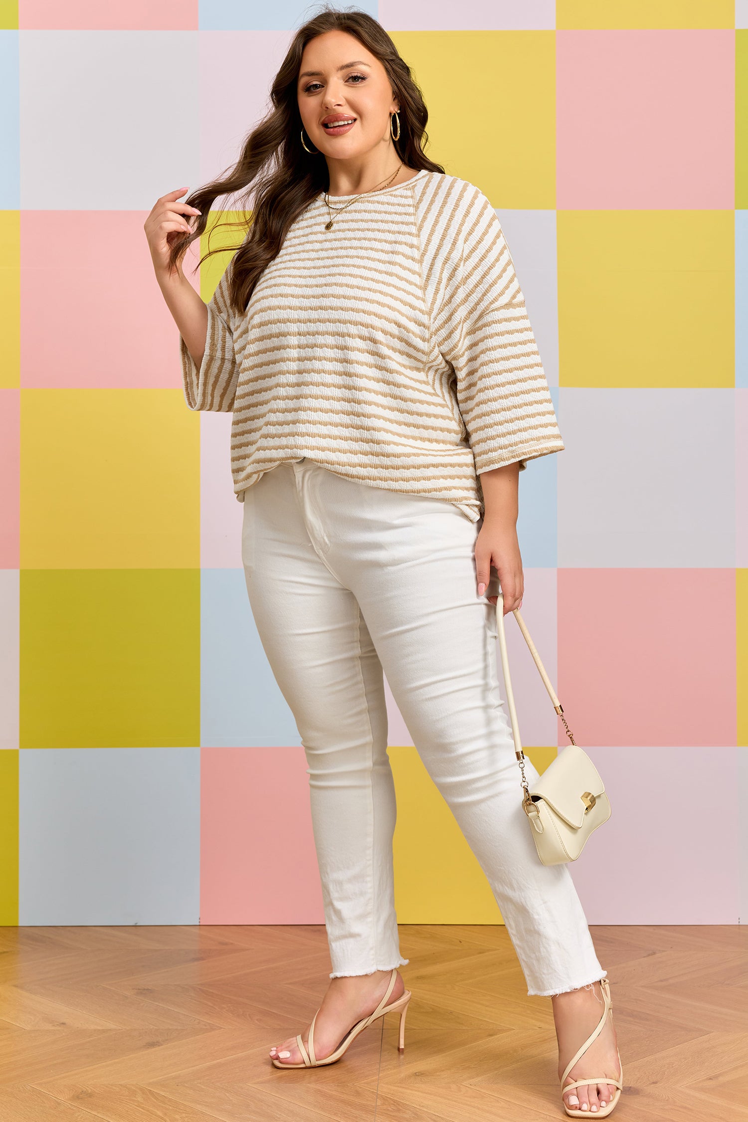 Apricot Stripe Plus Size Textured Patchwork Detail Half Sleeve Top-Plus Size/Plus Size Tops/Plus Size Tops & Tees-[Adult]-[Female]-2022 Online Blue Zone Planet