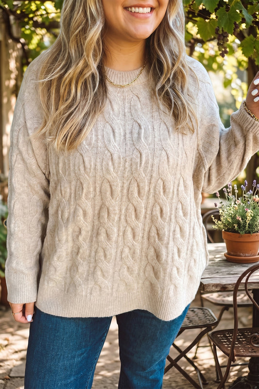 Parchment Oversized Cable Knit Long Sleeve Round Neck Tunic Length Plus Size Sweater-Plus Size/Plus Size Sweaters & Cardigans-[Adult]-[Female]-Parchment-1X-2022 Online Blue Zone Planet