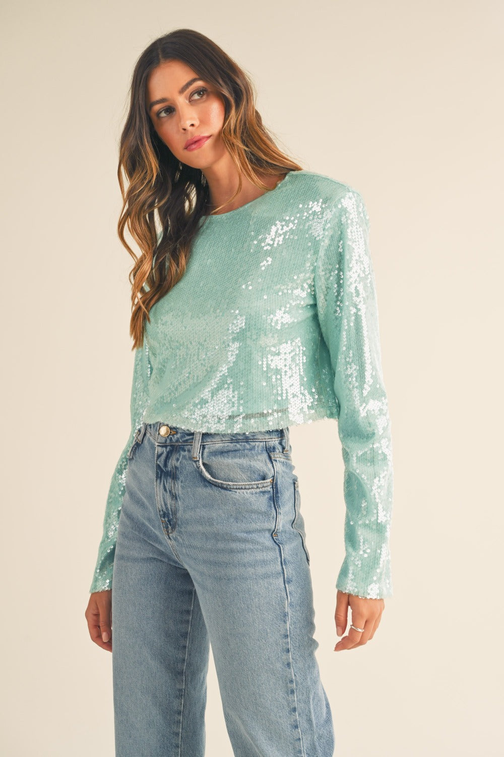 MABLE Shoulder Padded Sequin Crop Top-TOPS / DRESSES-[Adult]-[Female]-2022 Online Blue Zone Planet