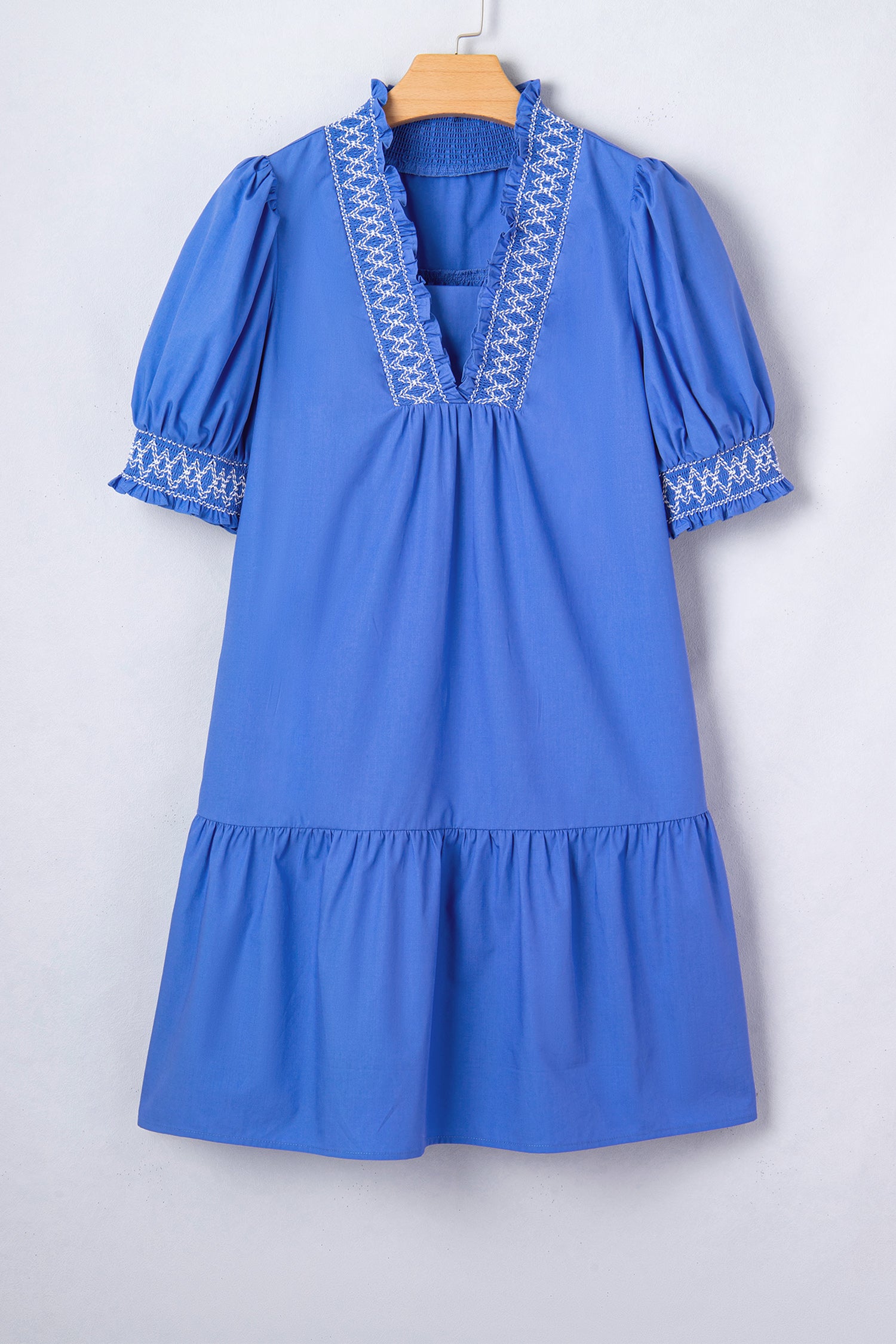 Sky Blue Embroidered Smocked Detail V Neck Short Puff Sleeve Mini Dress-Dresses/Mini Dresses-[Adult]-[Female]-2022 Online Blue Zone Planet