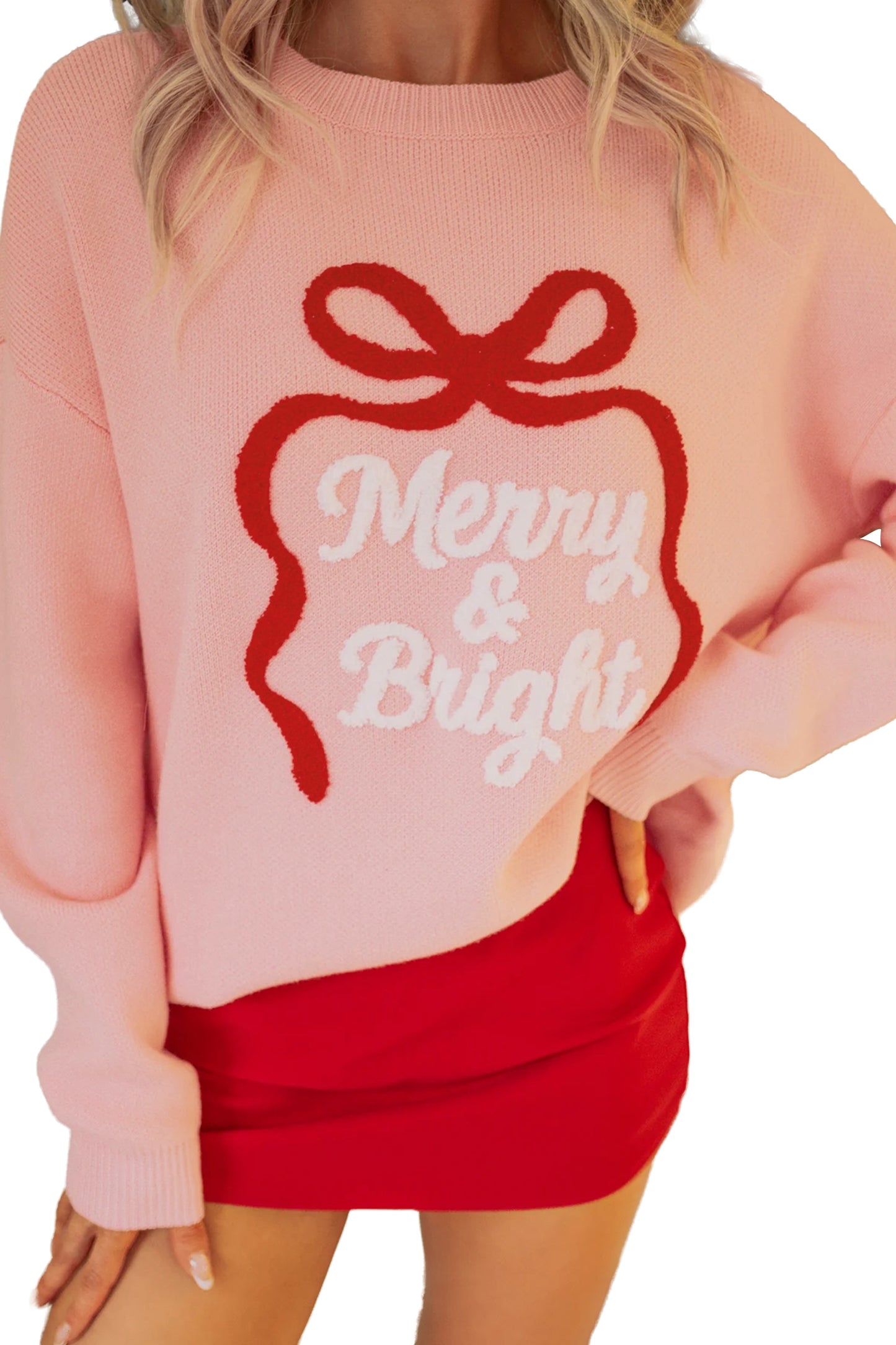 Gossamer Pink Drop Shoulder Round Neck Towel Embroidery Slogan Pullover Sweater-TOPS / DRESSES-[Adult]-[Female]-2022 Online Blue Zone Planet