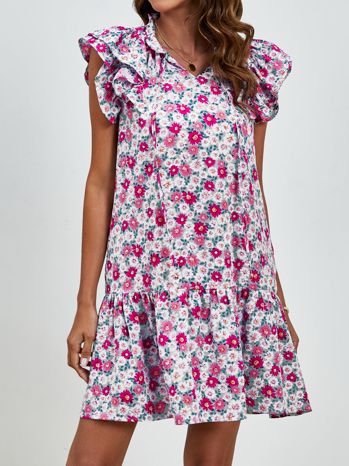 Tied Floral Cap Sleeve Mini Dress-TOPS / DRESSES-[Adult]-[Female]-2022 Online Blue Zone Planet