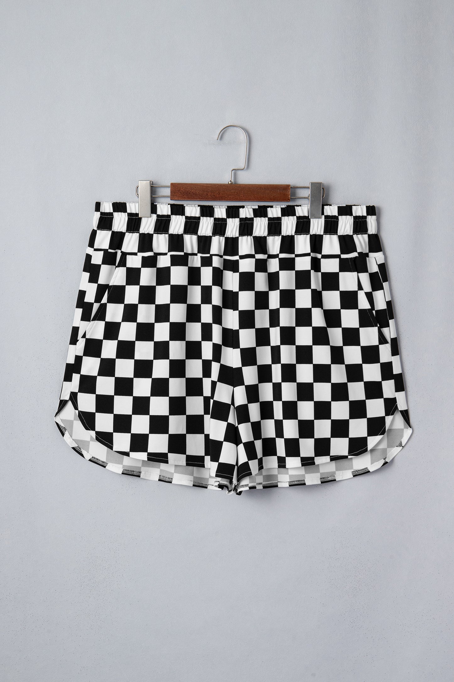 Black Plus Size Checkered Athleisure Shorts-Plus Size/Plus Size Bottoms-[Adult]-[Female]-2022 Online Blue Zone Planet