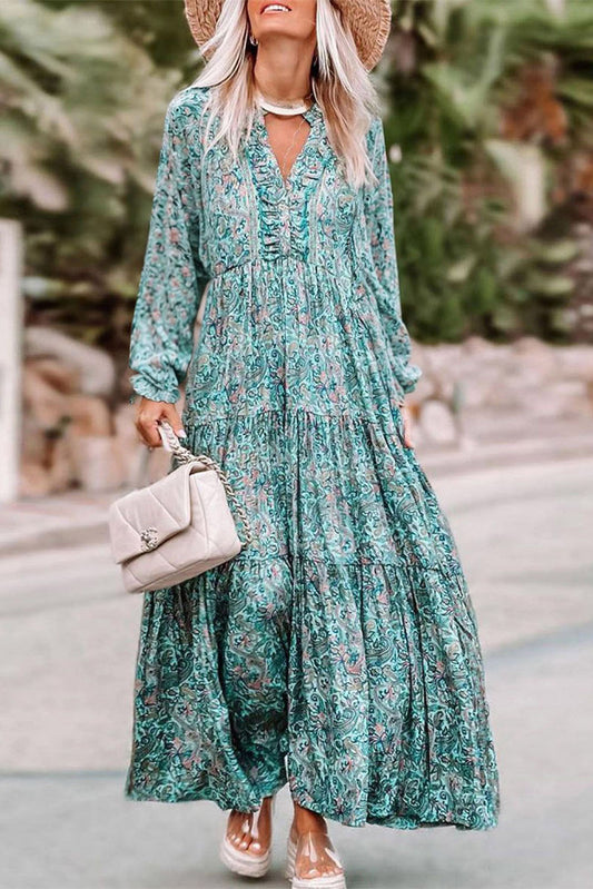 Sky Blue Bohemian Paisley Print Long Sleeve Tiered Maxi Dress-Maxi Dresses-[Adult]-[Female]-Sky Blue-S-2022 Online Blue Zone Planet