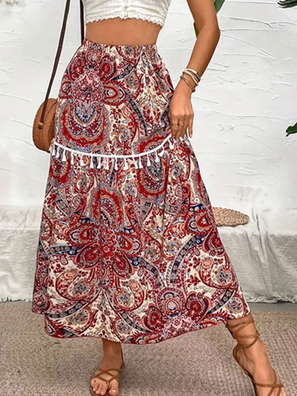 Printed Elastic Waist Midi Skirt-[Adult]-[Female]-Burgundy-S-2022 Online Blue Zone Planet