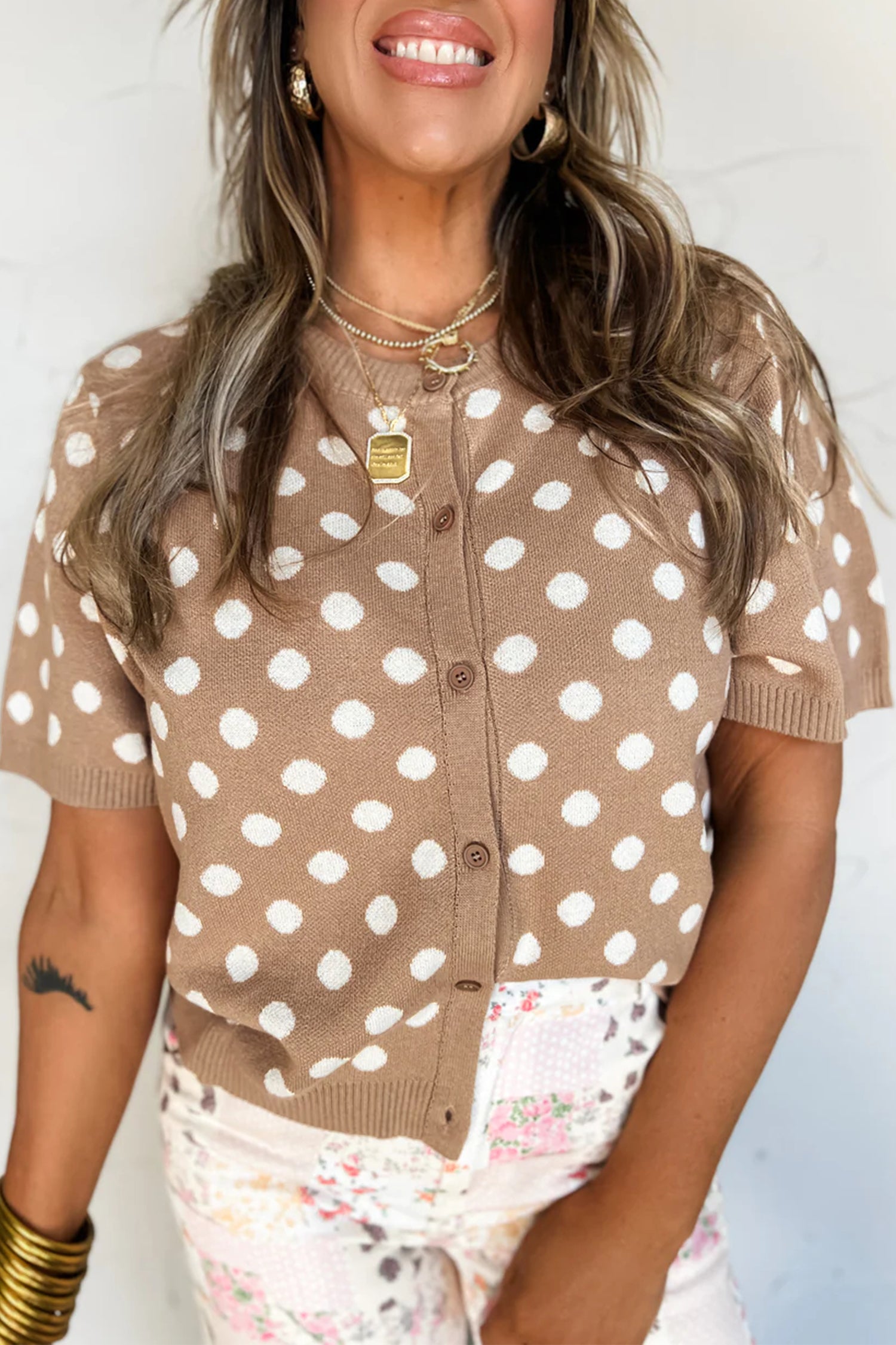 Dark Khaki Polka Dot Short Sleeve Button Down Sweater Cardigan-Sweaters & Cardigans/Cardigans-[Adult]-[Female]-Dark Khaki-S-2022 Online Blue Zone Planet