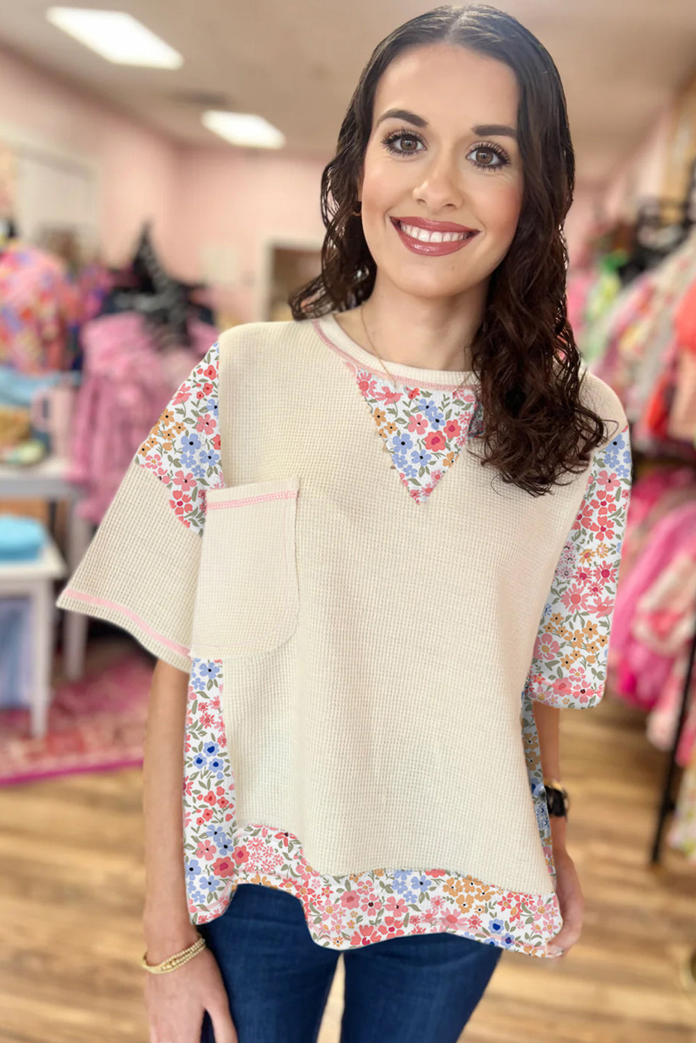 Beige Floral Patchwork Chest Pocket Wide Sleeve Waffle T Shirt-Tops/Tops & Tees-[Adult]-[Female]-2022 Online Blue Zone Planet