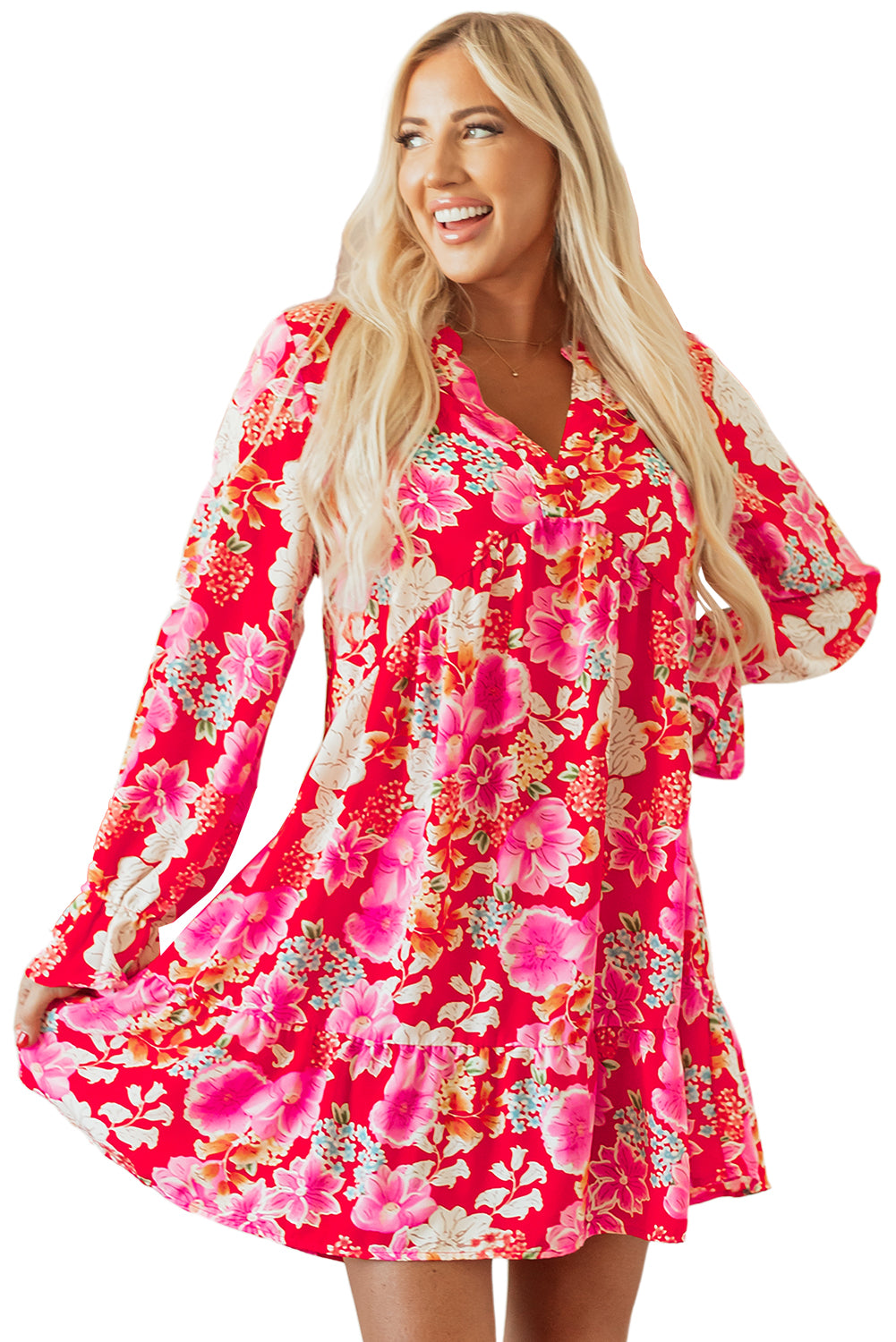 Red Floral Print High Waist V Neck Babydoll Mini Dress-Dresses/Mini Dresses-[Adult]-[Female]-2022 Online Blue Zone Planet