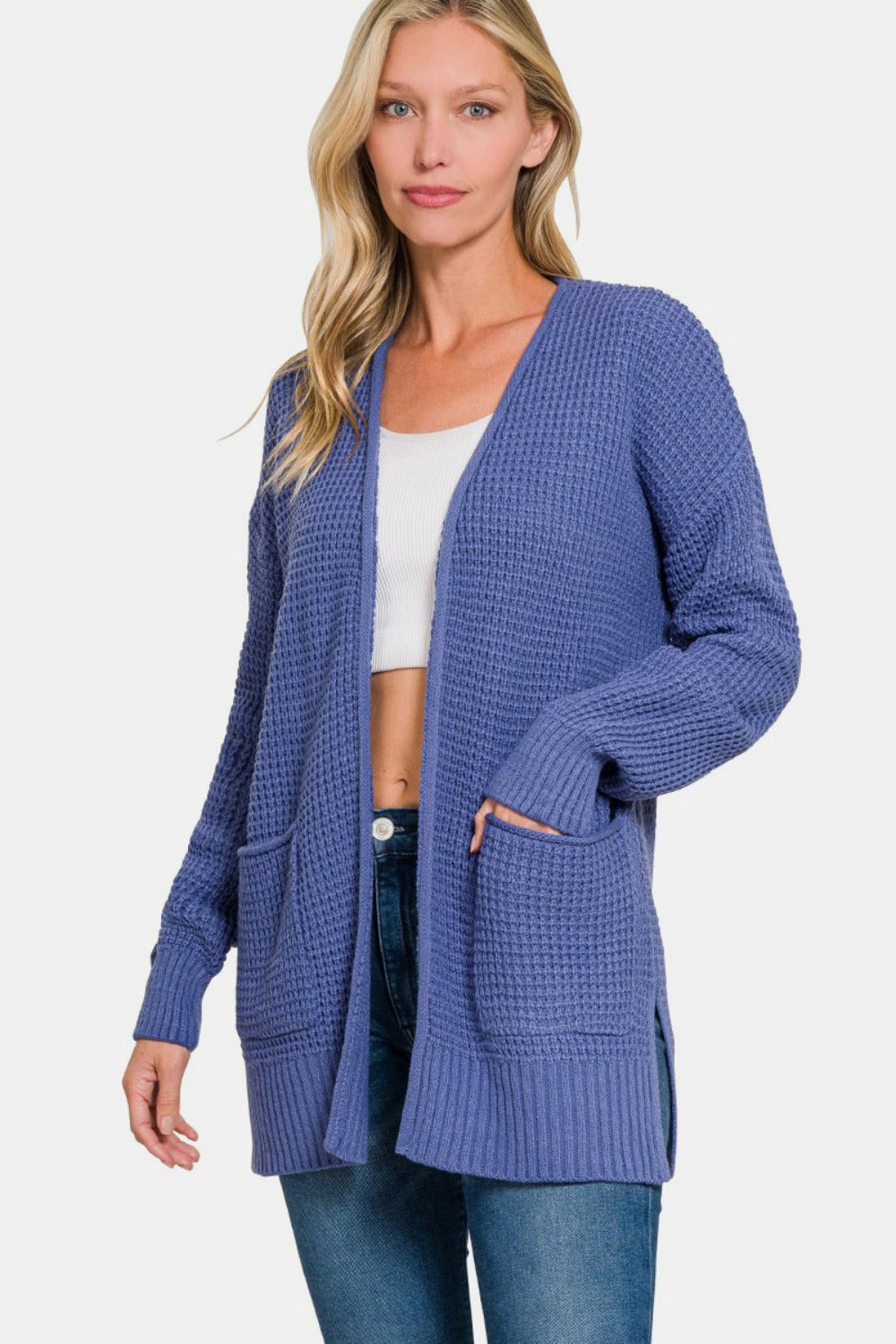 Zenana Waffle Open Front Sweater Cardigan-TOPS / DRESSES-[Adult]-[Female]-Marlin-S-2022 Online Blue Zone Planet