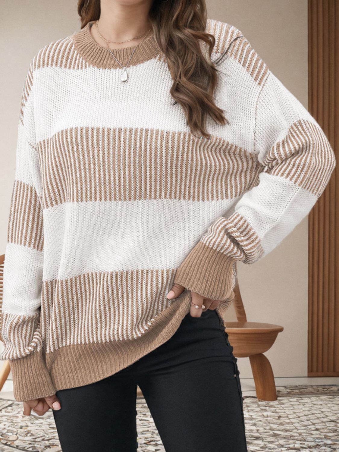 Blue Zone Planet | Striped Round Neck Long Sleeve Sweater-TOPS / DRESSES-[Adult]-[Female]-Tan-S-2022 Online Blue Zone Planet