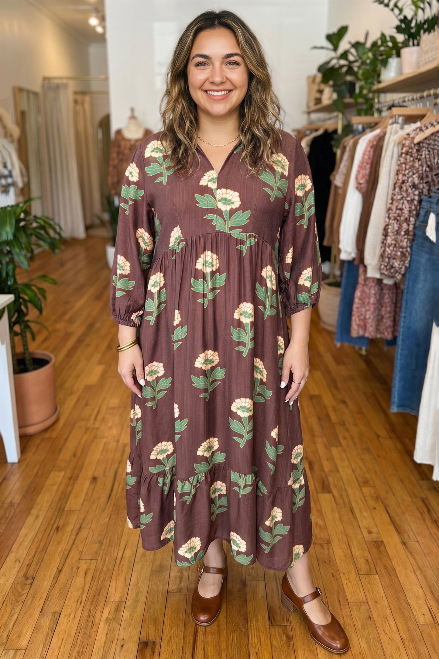 Brown Floral Print V-Neck Long Sleeve Loose Shift Plus Size Dress-Plus Size/Plus Size Dresses/Plus Size Maxi Dresses-[Adult]-[Female]-2022 Online Blue Zone Planet