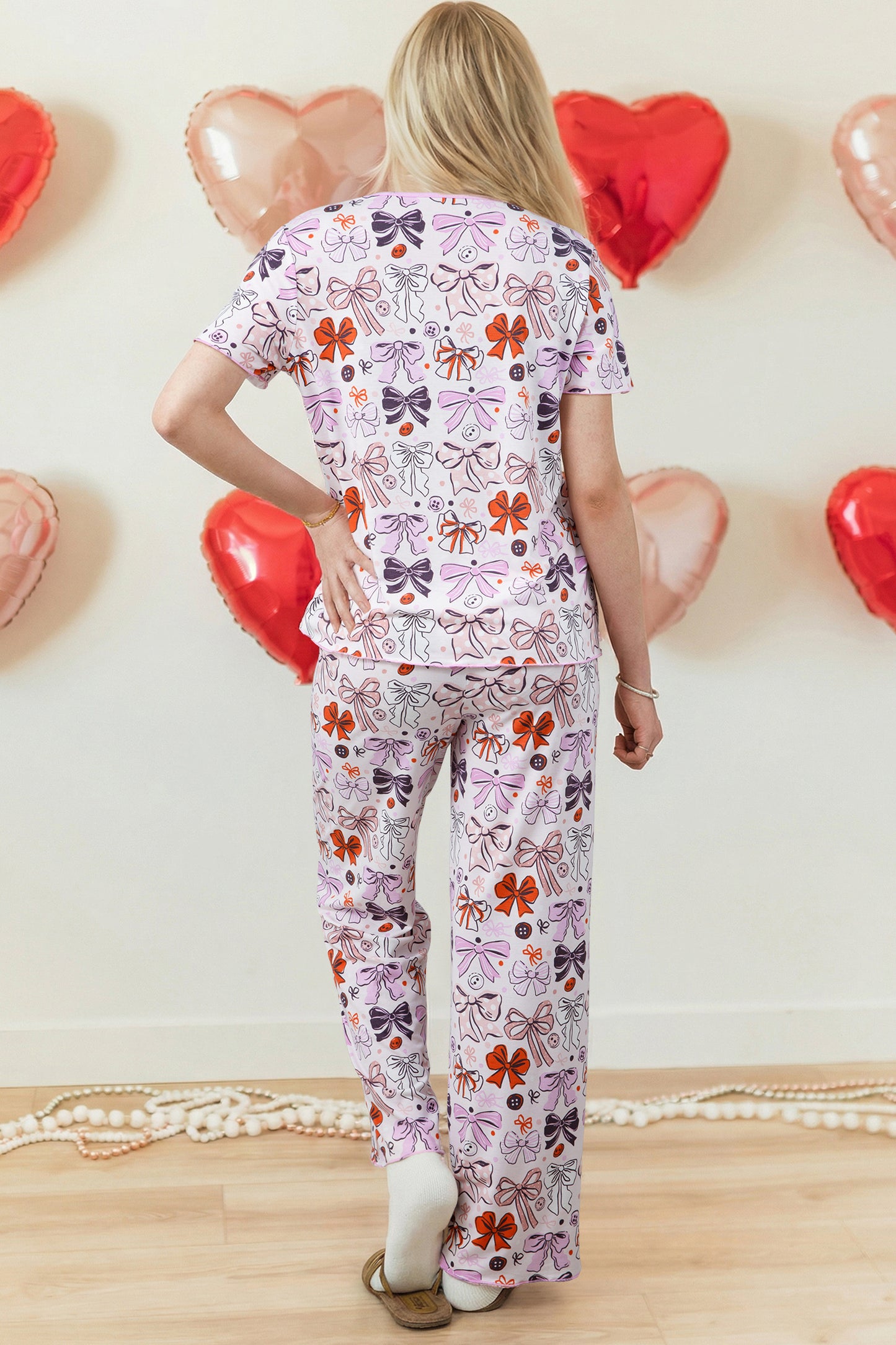 Pink Diverse Bows Buttons Printed Contrast Trim Short Sleeve Shirt Pajama Pant Set-Loungewear & Sleepwear/Sleepwear-[Adult]-[Female]-2022 Online Blue Zone Planet