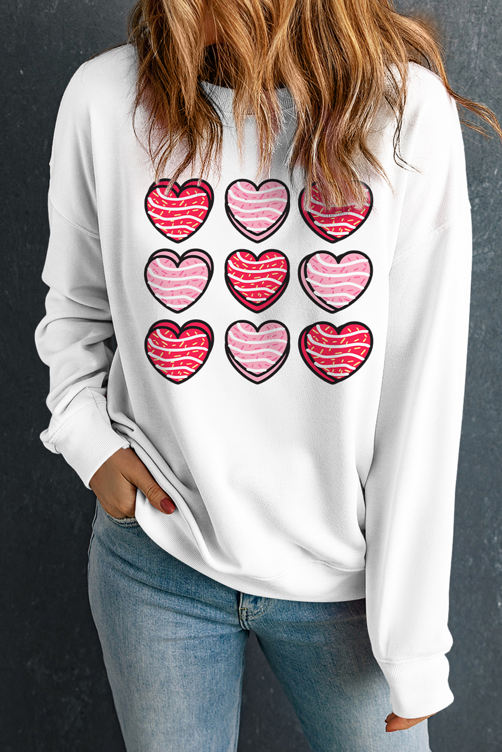 White Heart Graphic Crewneck Valentines Pullover Sweatshirt-Graphic Sweatshirts-[Adult]-[Female]-2022 Online Blue Zone Planet