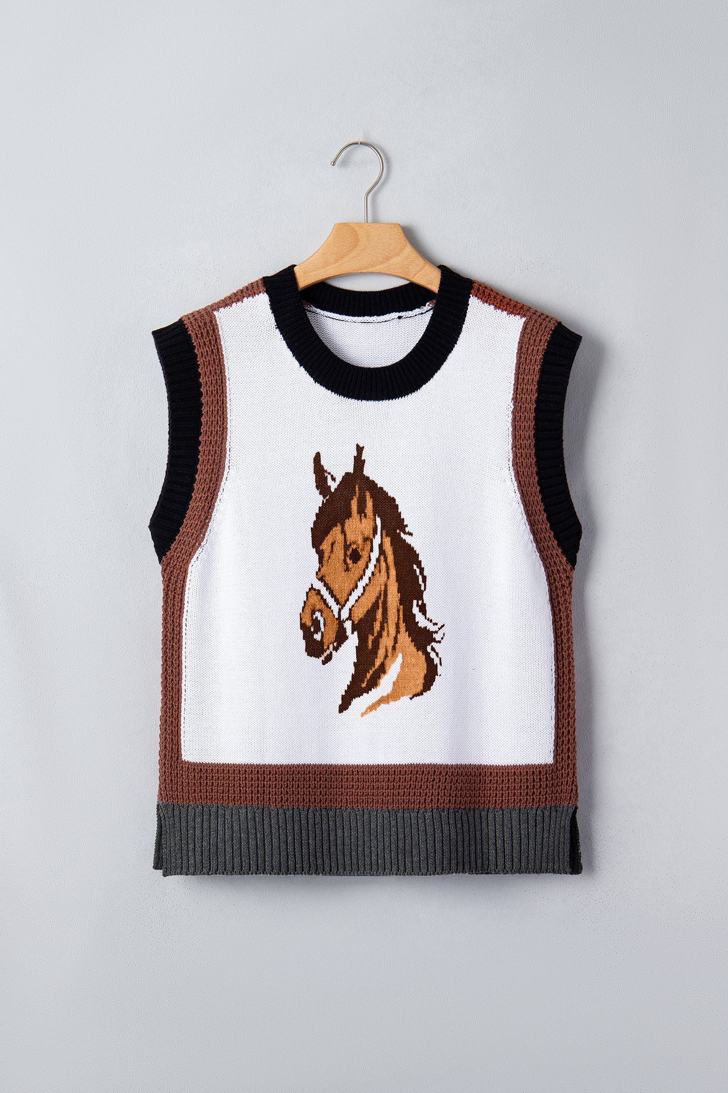 White Western Horse Head Colorblock Trim Sweater Vest-TOPS / DRESSES-[Adult]-[Female]-2022 Online Blue Zone Planet