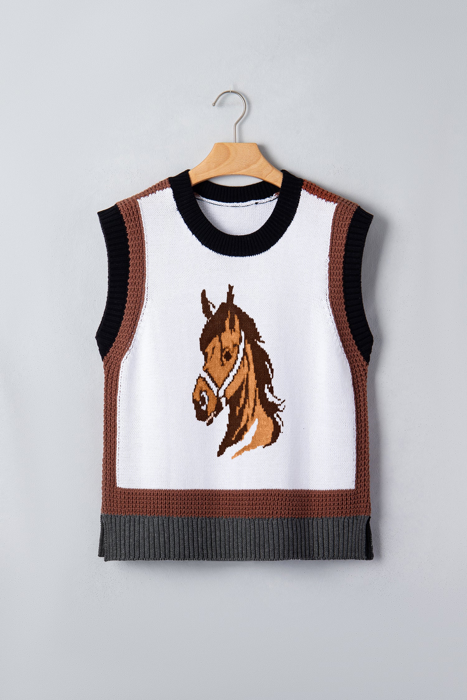 White Western Horse Head Colorblock Trim Sweater Vest-TOPS / DRESSES-[Adult]-[Female]-2022 Online Blue Zone Planet