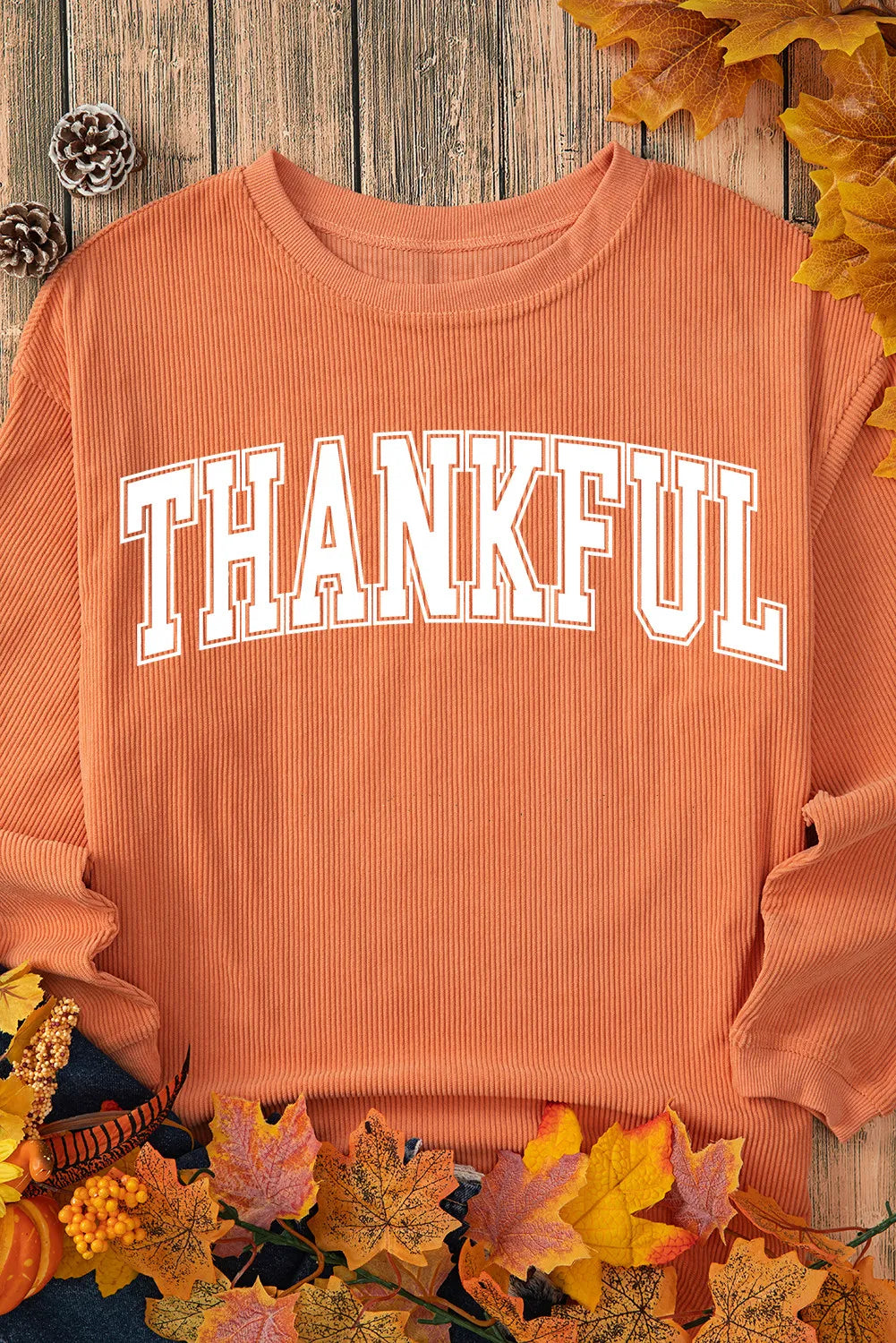 THANKFUL Round Neck Long Sleeve Sweatshirt-[Adult]-[Female]-2022 Online Blue Zone Planet