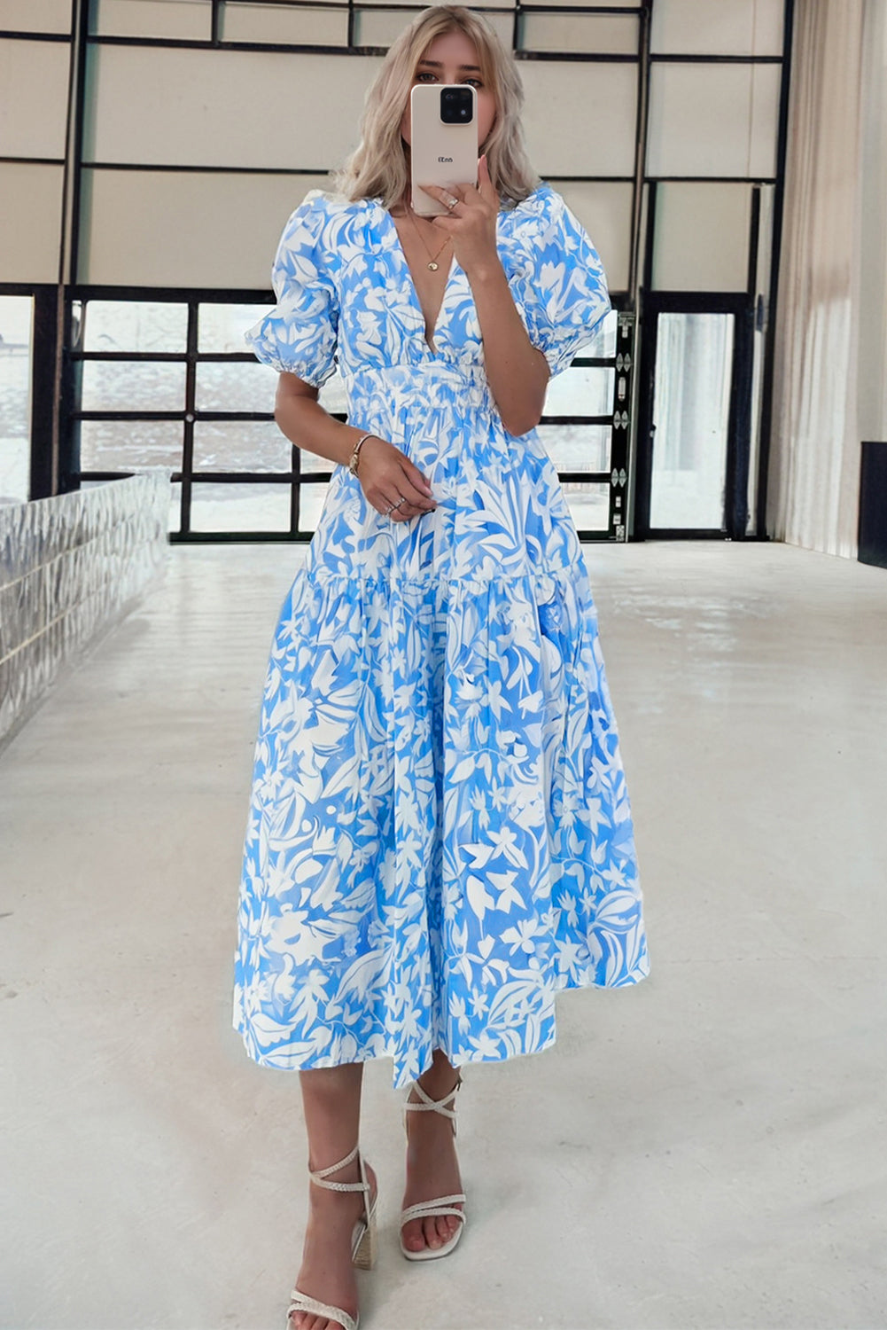 Sky Blue Floral Print Deep V Neck Puff Sleeve Flowy Dress Sky Blue / S Sky Blue Floral Print Deep V Neck Puff Sleeve Flowy Dress Sky Blue / S
