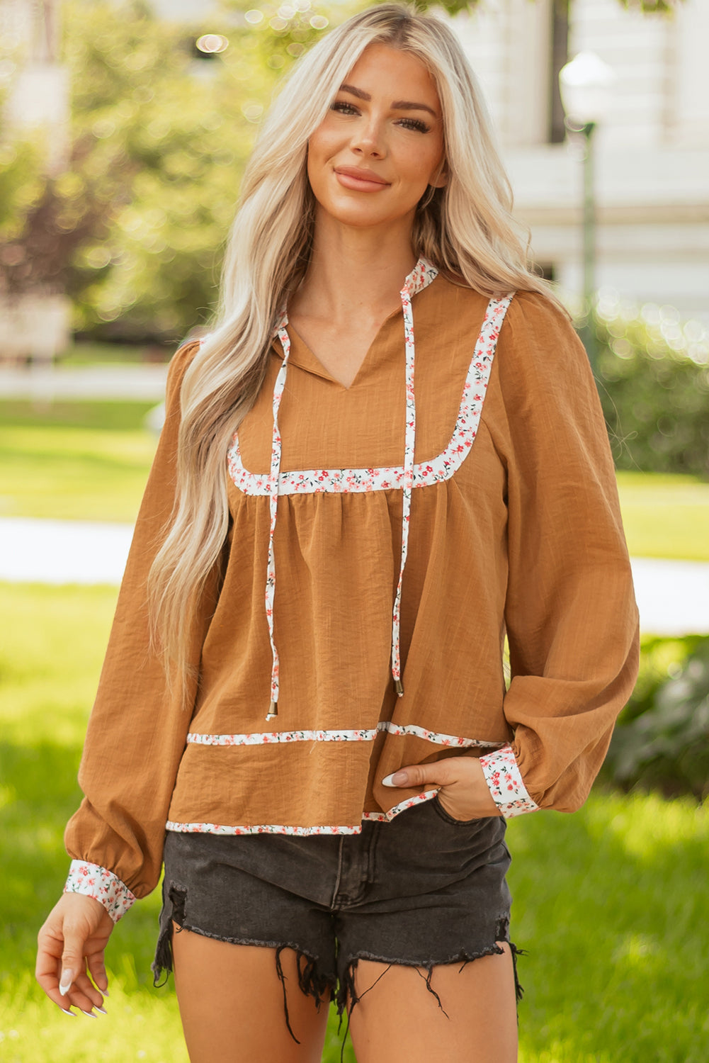Straw Yellow Split Neck Pleated Floral Trim Long Puff Sleeve Blouse-Tops/Blouses & Shirts-[Adult]-[Female]-2022 Online Blue Zone Planet
