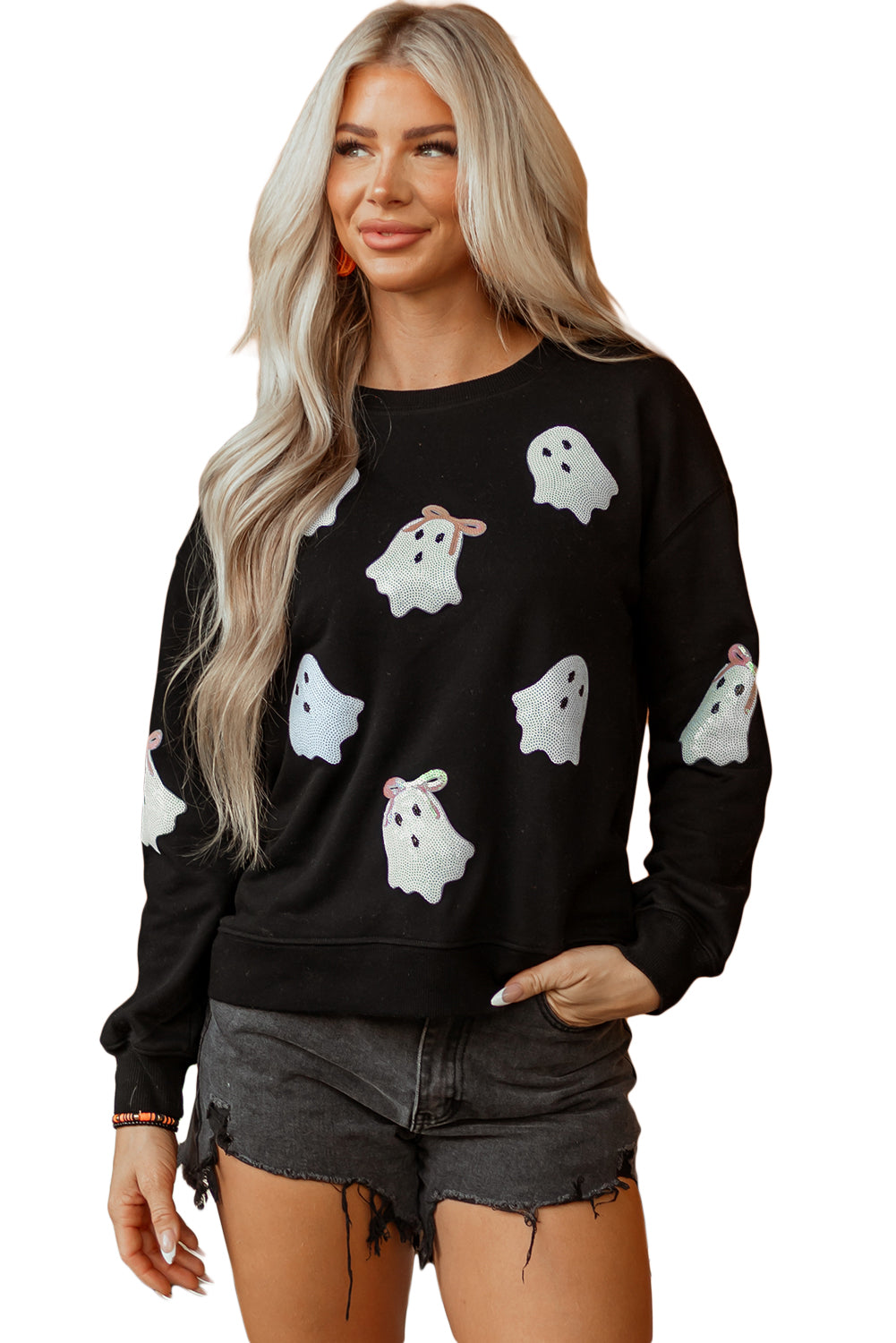 Black Sequin Cute Bow Ghost Graphic Crew Neck Halloween Sweatshirt-Graphic/Graphic Sweatshirts-[Adult]-[Female]-2022 Online Blue Zone Planet