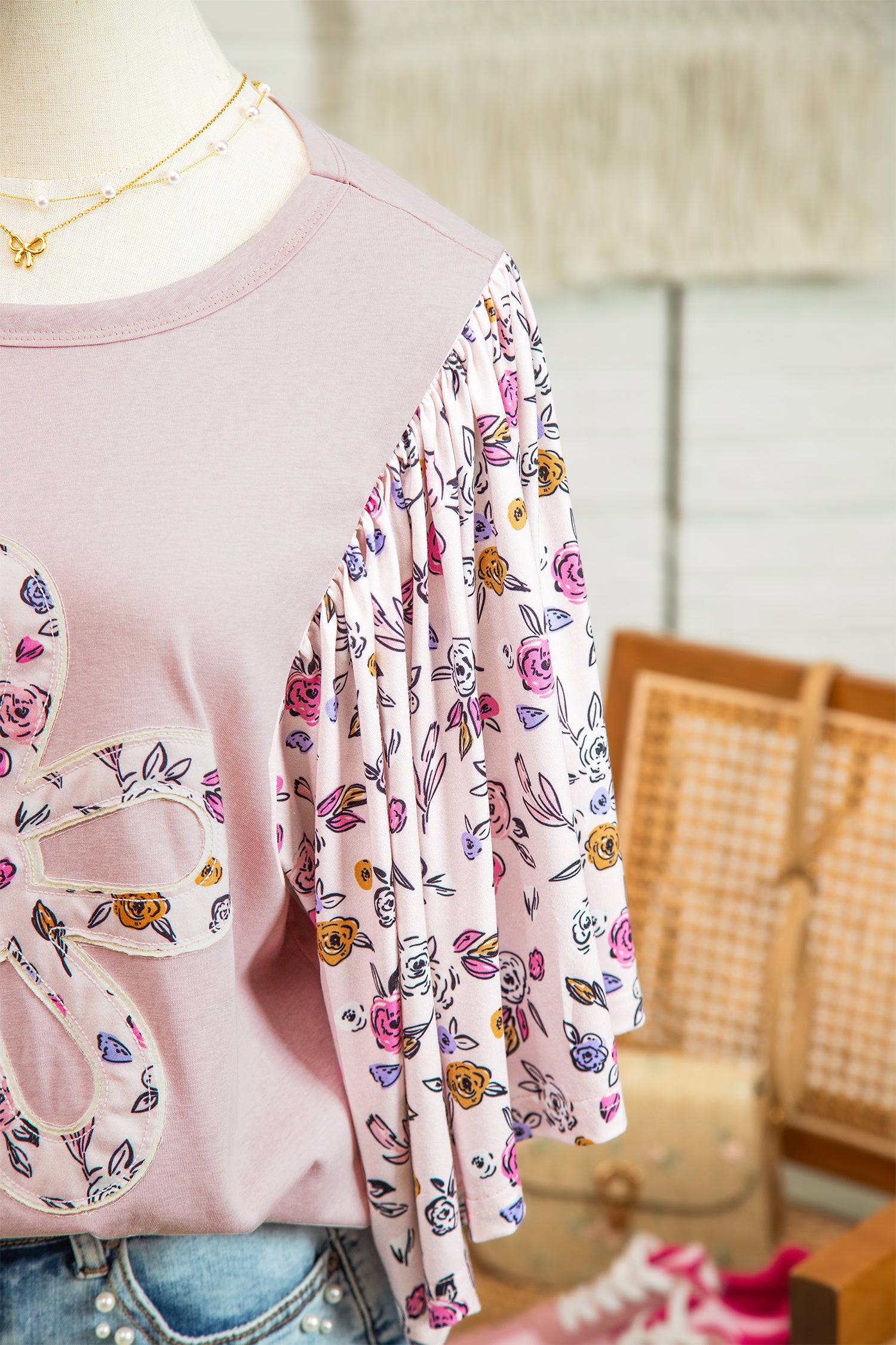 Pink Contrast Floral Patched Flowy Half Sleeve Blouse-Tops/Blouses & Shirts-[Adult]-[Female]-2022 Online Blue Zone Planet