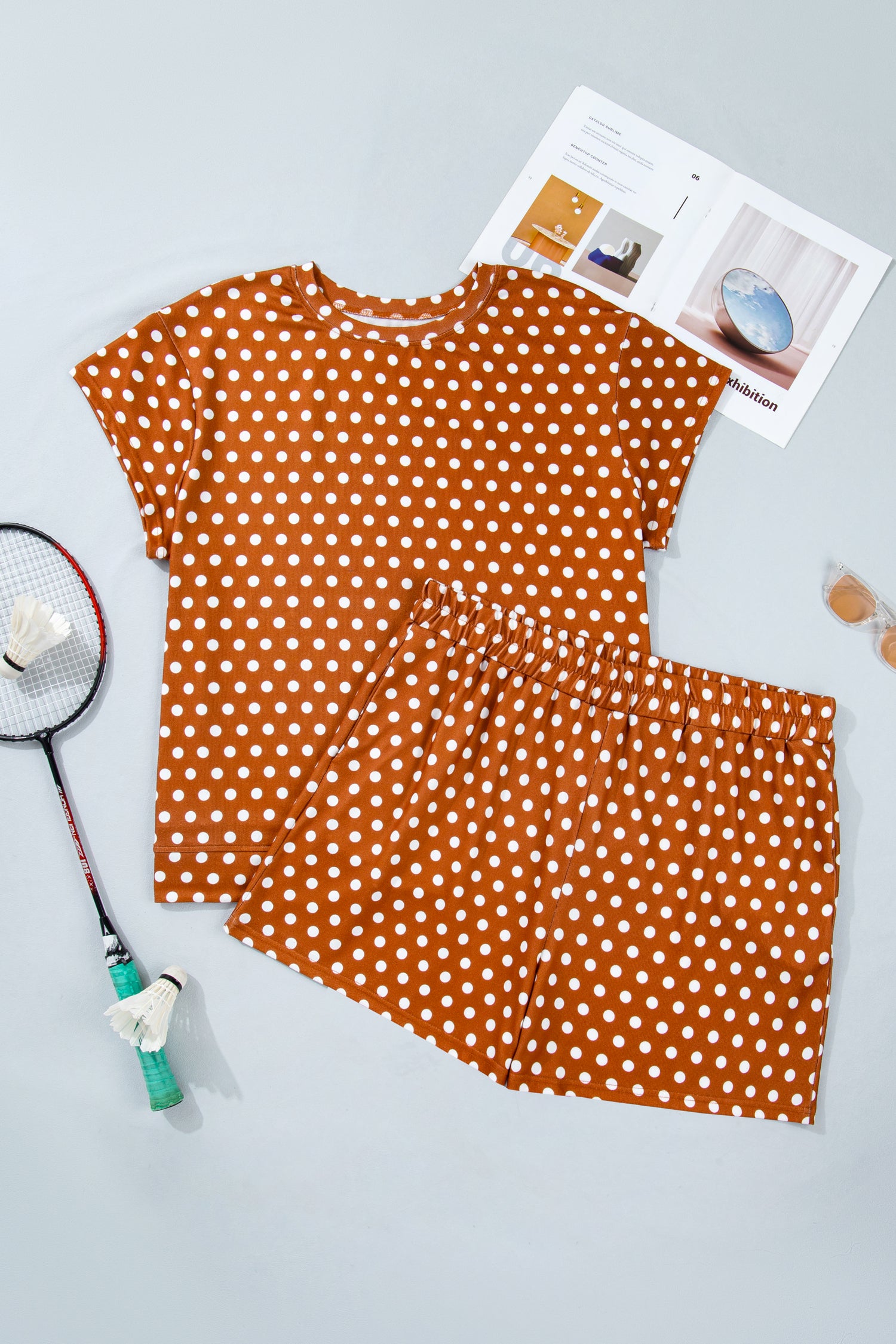 Brown Polka Dot Print Dropped Shoulder Tee Plus Size Short Set-Plus Size/Plus Size Loungewear-[Adult]-[Female]-2022 Online Blue Zone Planet