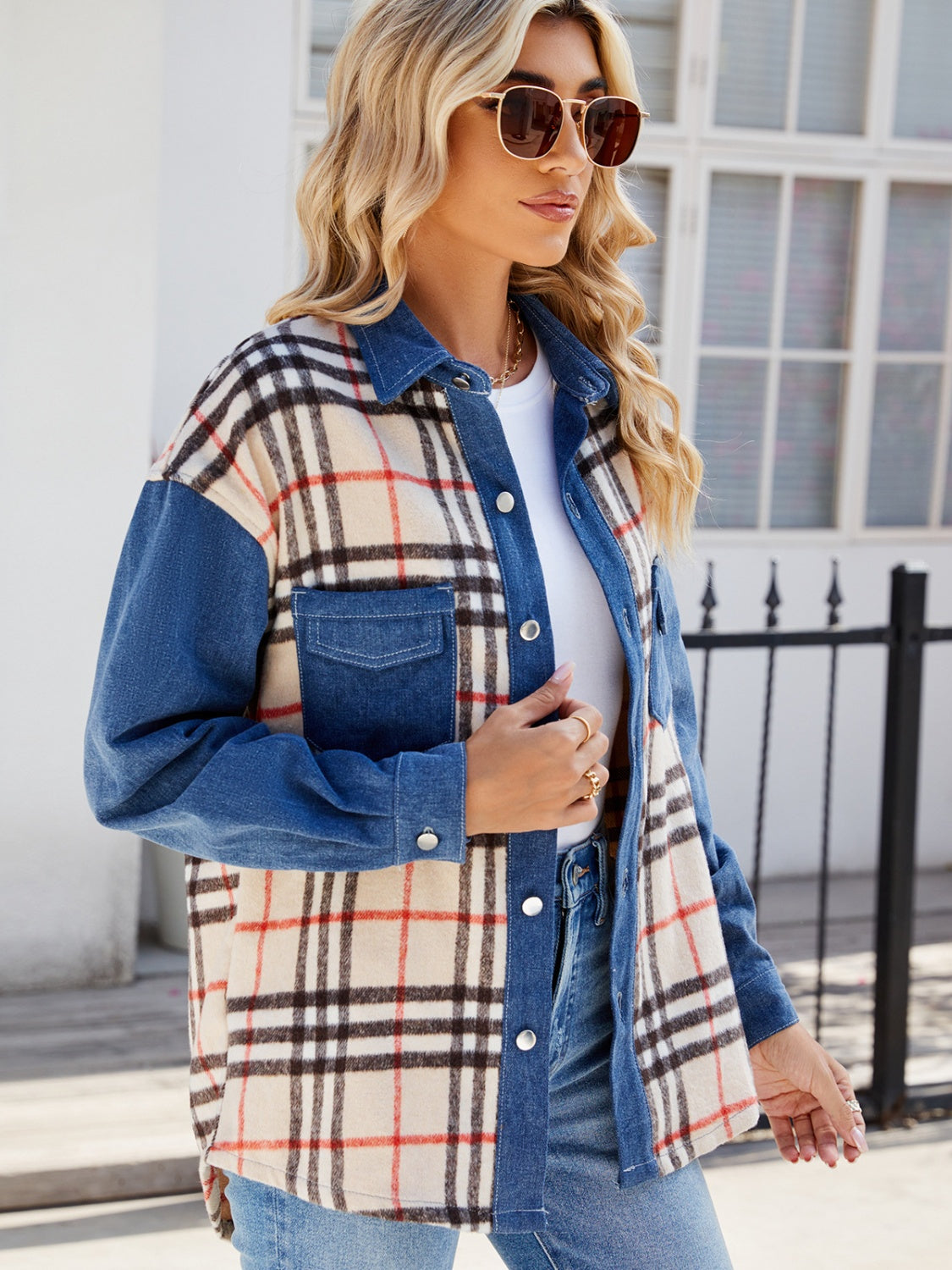 Plaid Long Sleeve Denim Jacket-TOPS / DRESSES-[Adult]-[Female]-2022 Online Blue Zone Planet