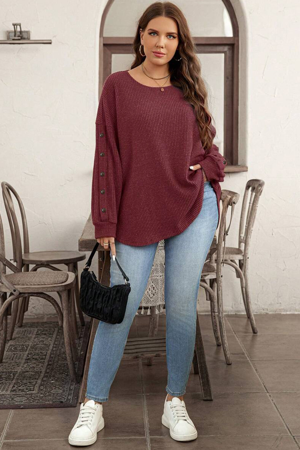 Wild Ginger Plus Size Ribbed Button Decor Long Sleeve Loose Top-Plus Size/Plus Size Tops/Plus Size Long Sleeve Tops-[Adult]-[Female]-2022 Online Blue Zone Planet
