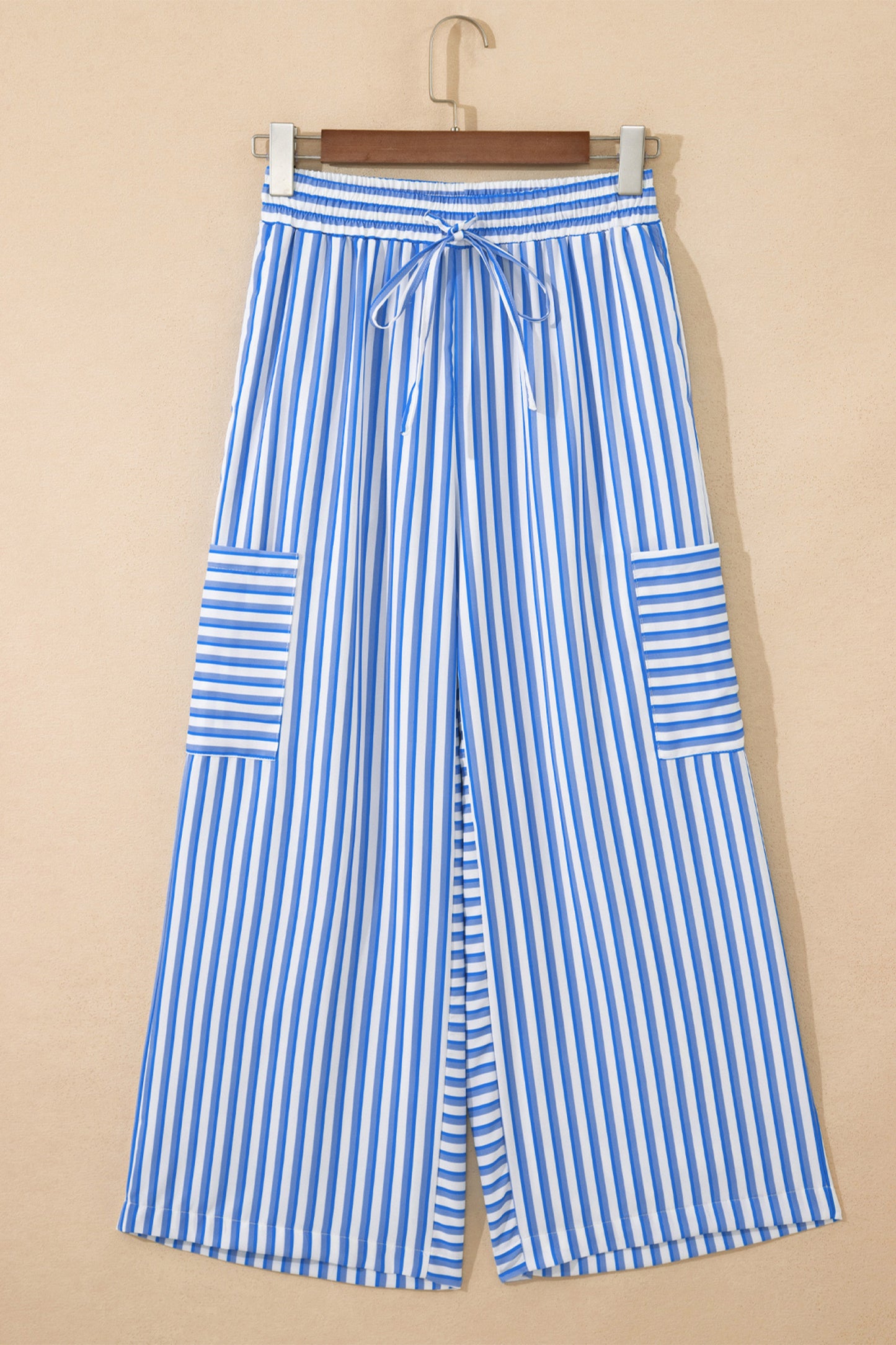 Sky Blue Stripe Drawstring Elastic Waist Patch Pocket Wide Leg Ankle-Length Pants-Bottoms/Pants & Culotte-[Adult]-[Female]-2022 Online Blue Zone Planet