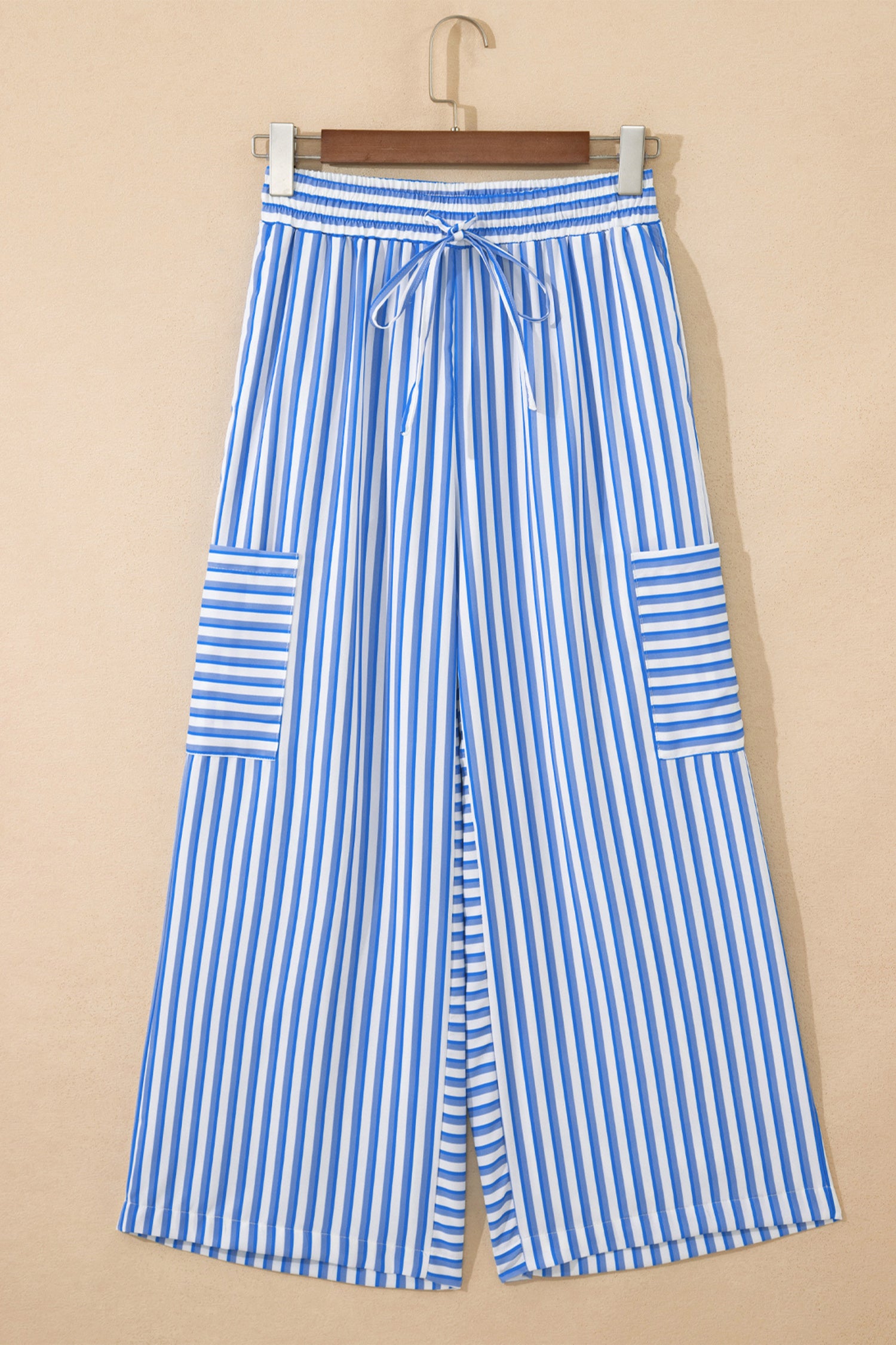 Sky Blue Stripe Drawstring Elastic Waist Patch Pocket Wide Leg Ankle-Length Pants-Bottoms/Pants & Culotte-[Adult]-[Female]-2022 Online Blue Zone Planet