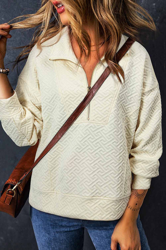 Beige Solid Textured Half Zipper Collared Sweatshirt-Tops/Sweatshirts & Hoodies-[Adult]-[Female]-Beige-S-2022 Online Blue Zone Planet