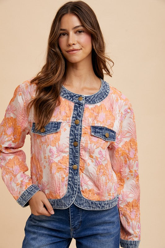 Annie Wear Floral Jacquard Denim Contrast Button Down Jacket-TOPS / DRESSES-[Adult]-[Female]-2022 Online Blue Zone Planet