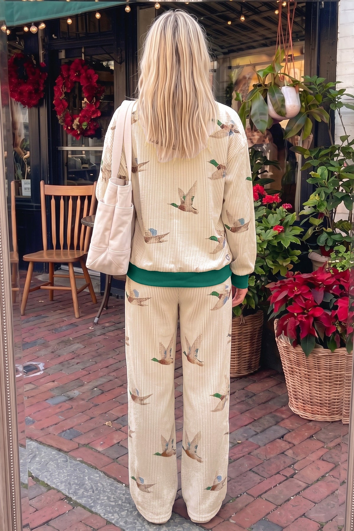 Beige Mallard Duck Print Twisted Rib Long Sleeve Two Piece Pants Sets-Two Piece Sets/Pant Sets-[Adult]-[Female]-2022 Online Blue Zone Planet