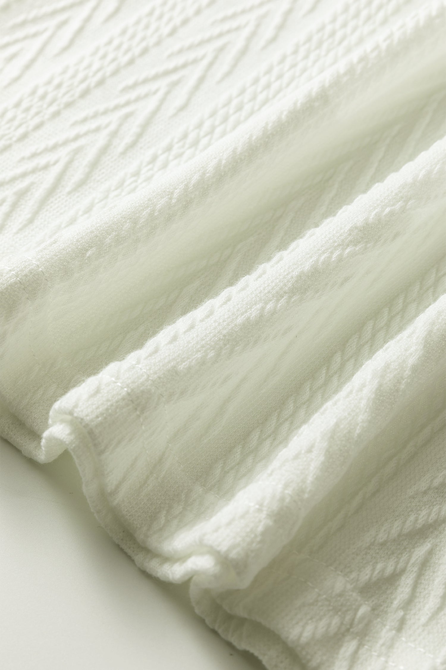 White Floral Patchwork Textured Knit Drawstring V Neck Blouse-Tops/Blouses & Shirts-[Adult]-[Female]-2022 Online Blue Zone Planet