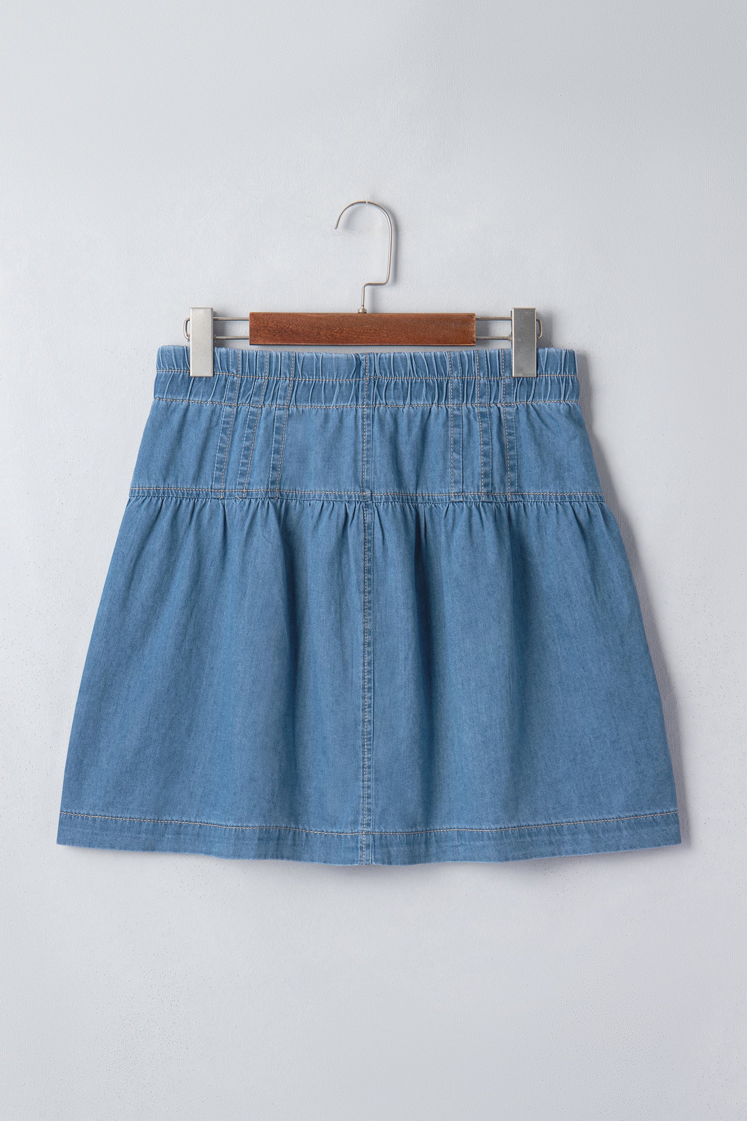 Sky Blue Half Buttons Pleated High Waist Denim Mini Skirt with Drawstring-Bottoms/Skirts & Petticoat-[Adult]-[Female]-2022 Online Blue Zone Planet