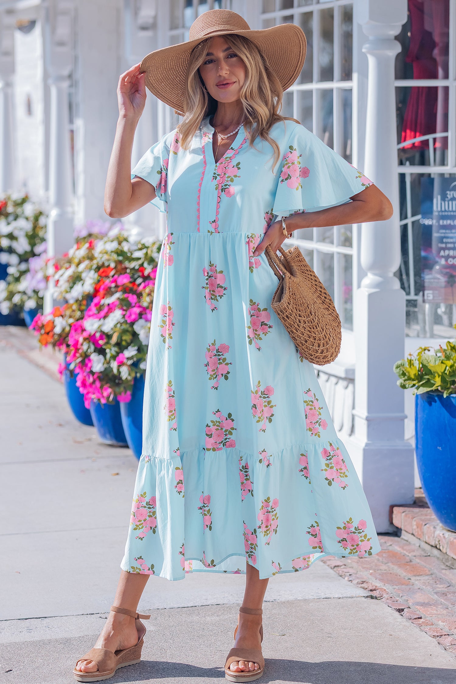 Sky Blue Notched Neck Flutter Short Sleeve Floral Print Maxi Dress-TOPS / DRESSES-[Adult]-[Female]-2022 Online Blue Zone Planet