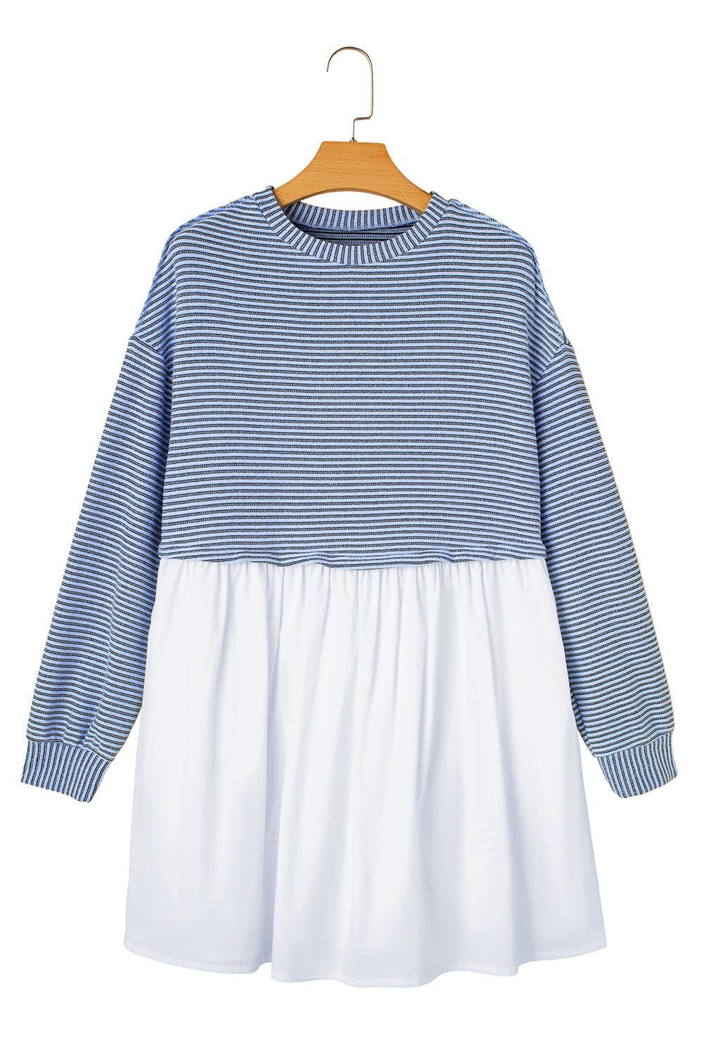 Blue Zone Planet | Sky Blue Stripe Patchwork Pleated High Waist Loose Mini Dress-TOPS / DRESSES-[Adult]-[Female]-2022 Online Blue Zone Planet