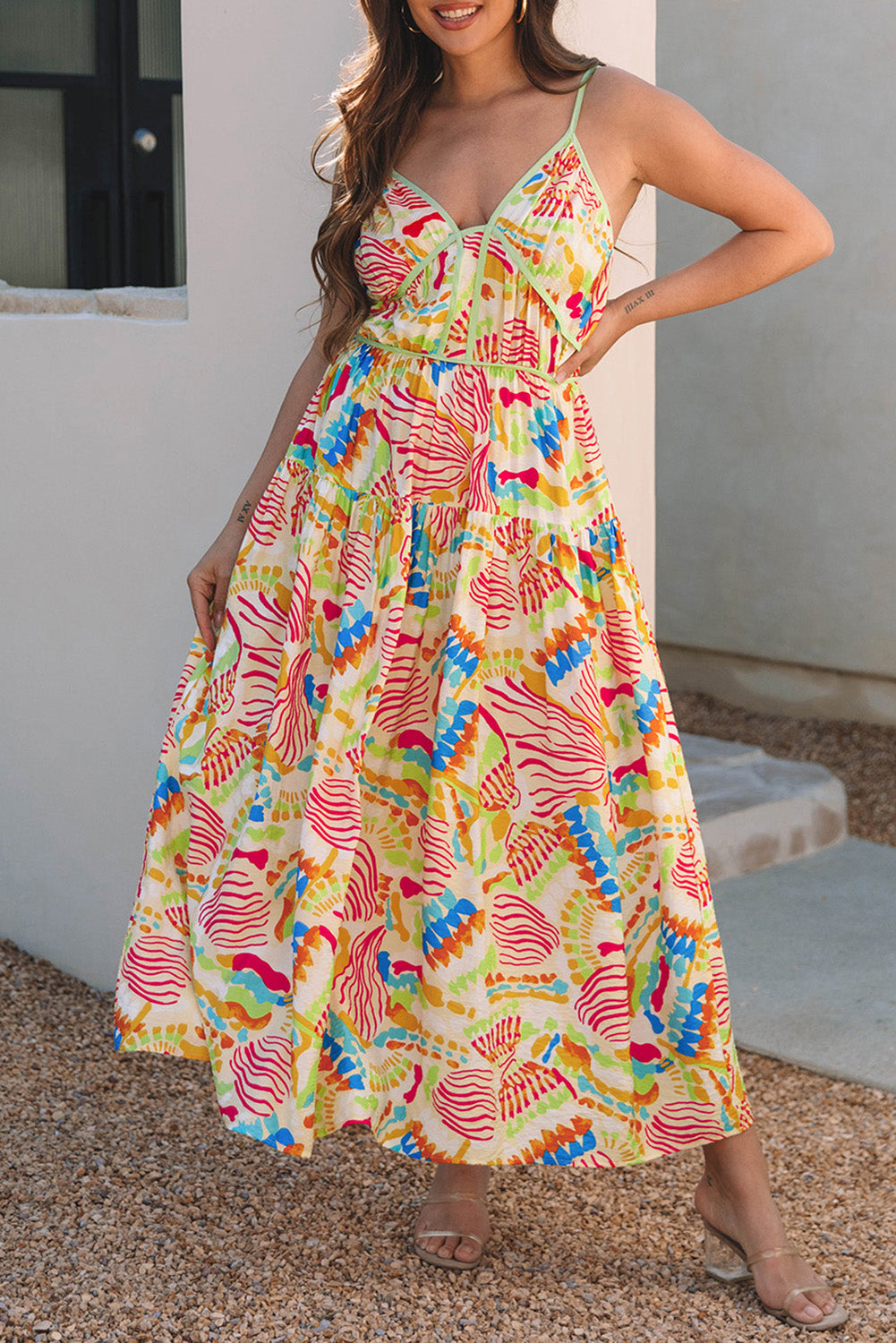 Orange Abstract Print Spaghetti Strap Piping Detail Maxi Dres-Dresses/Maxi Dresses-[Adult]-[Female]-2022 Online Blue Zone Planet