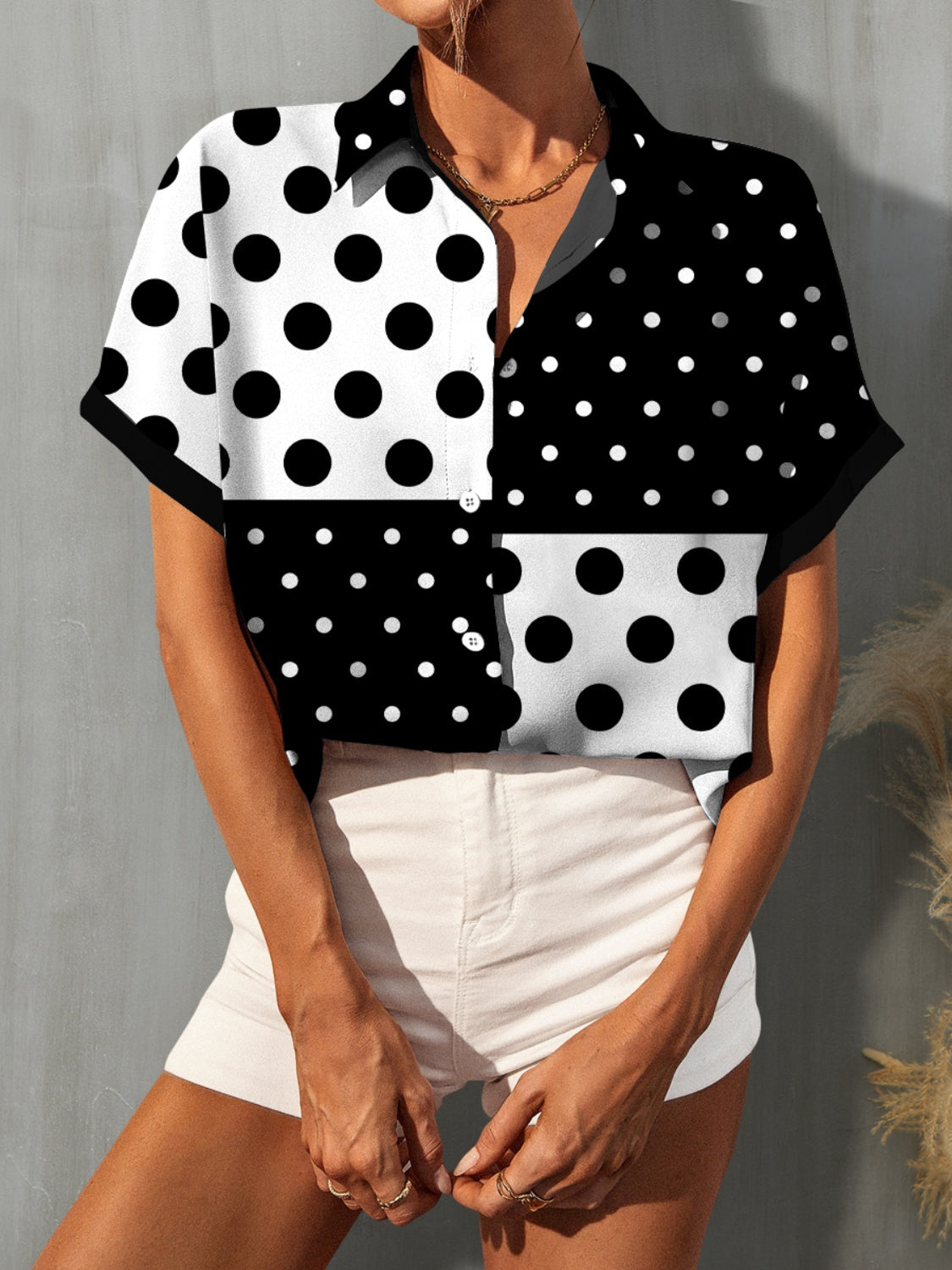 FAM-FAM Polka Dot Short Sleeve Shirt-TOPS / DRESSES-[Adult]-[Female]-Black-S-2022 Online Blue Zone Planet