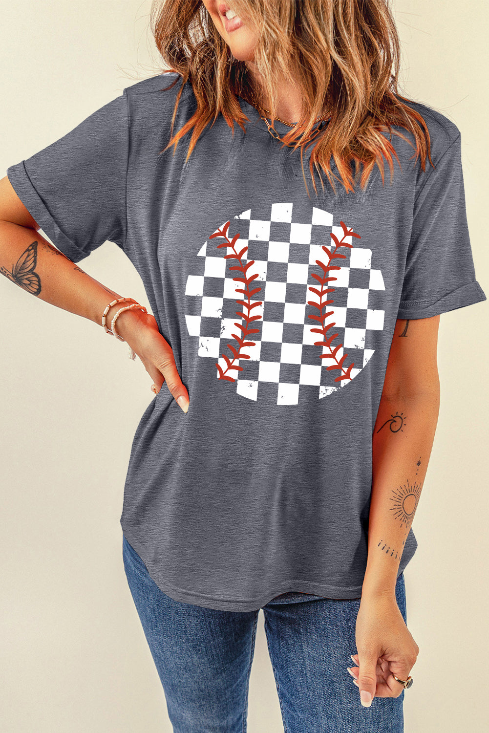 Gray Vintage Checkered Baseball Graphic Tee-Graphic/Graphic Tees-[Adult]-[Female]-2022 Online Blue Zone Planet