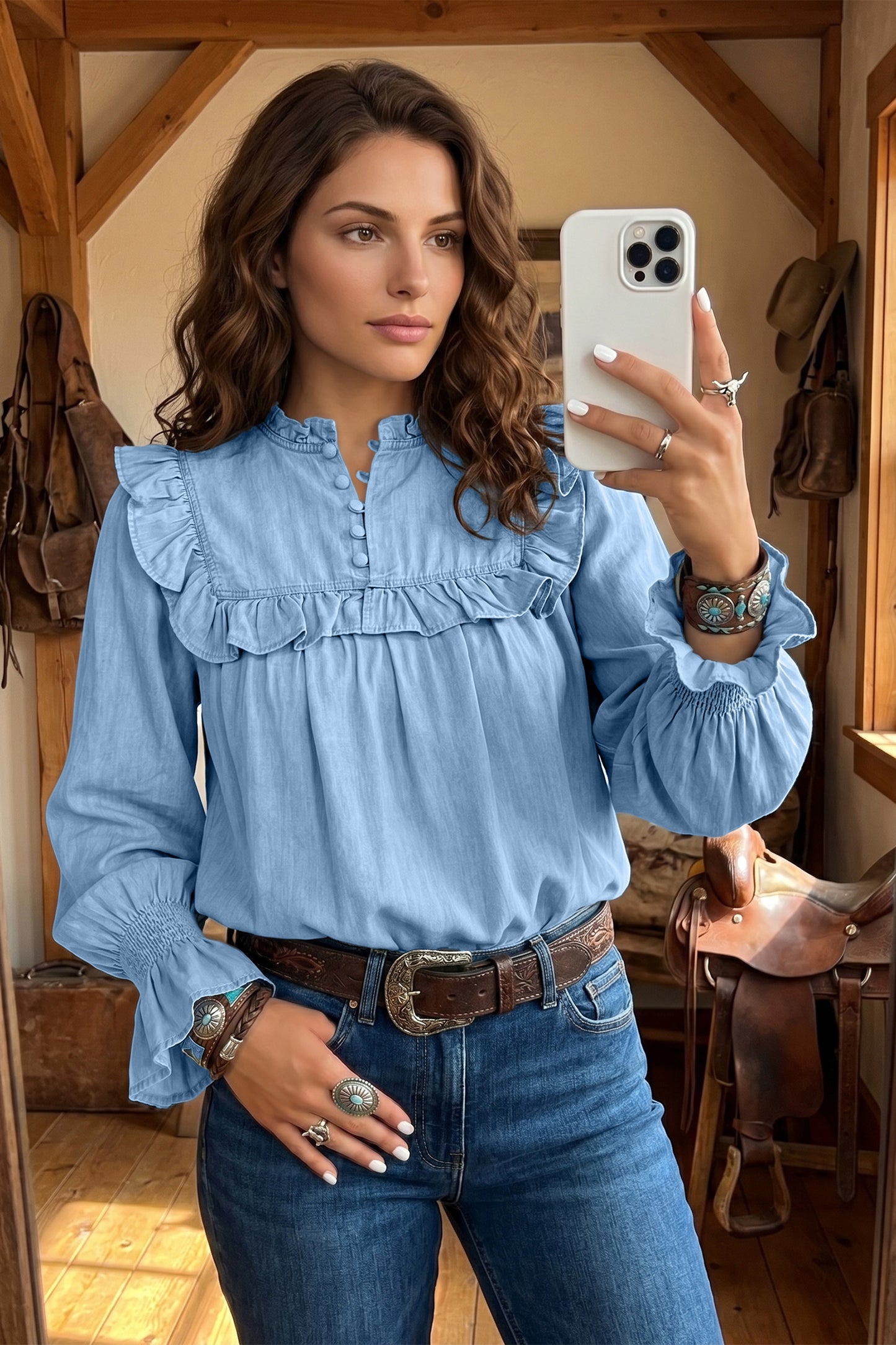 Beau Blue Western Ruffle V Neck Long Sleeve Chambray Blouse-Tops/Blouses & Shirts-[Adult]-[Female]-2022 Online Blue Zone Planet