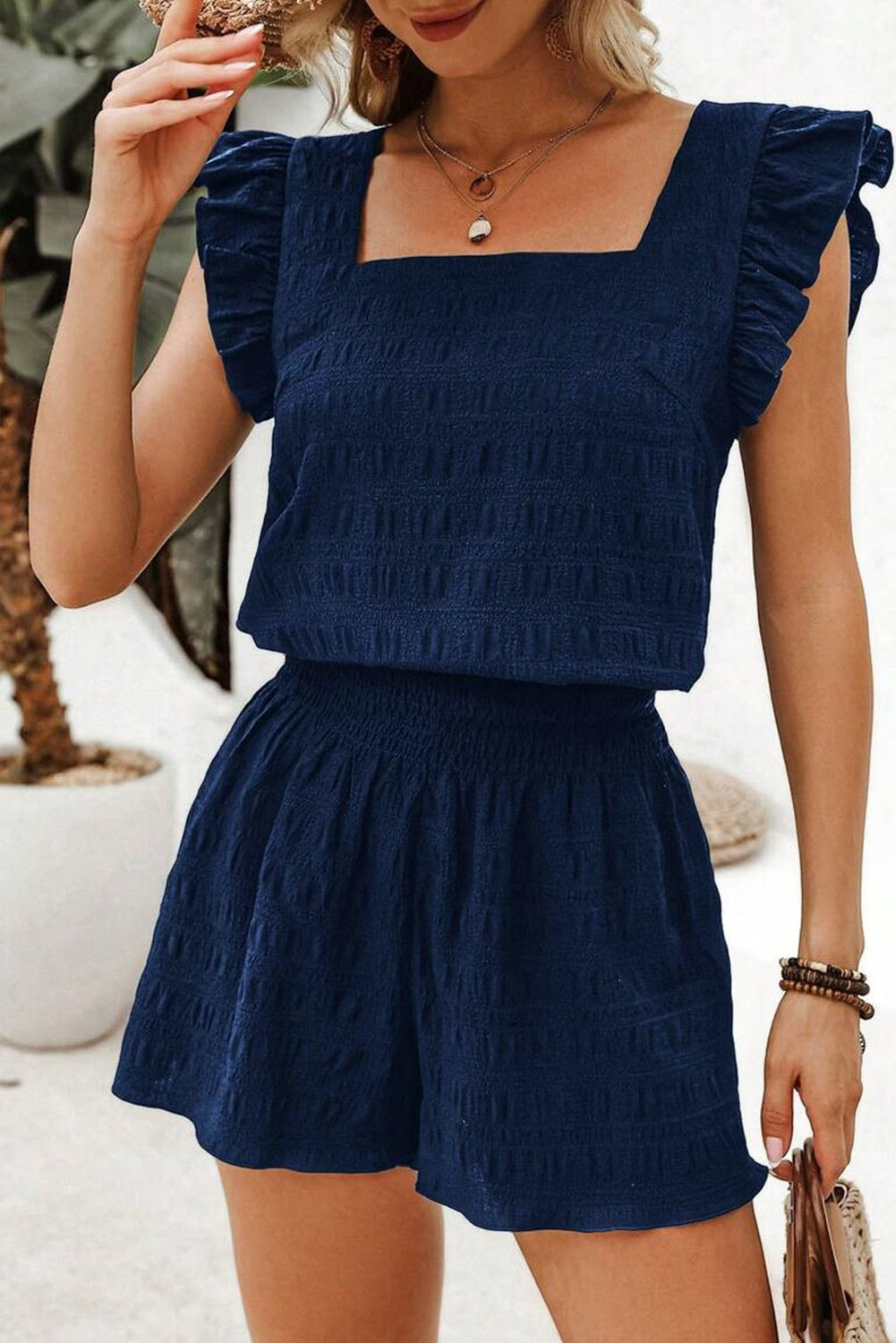 Dirty blue Textured Square Neck Top and Shirred High Waist Shorts Set-Two Piece Sets/Short Sets-[Adult]-[Female]-Dirty blue-S-2022 Online Blue Zone Planet