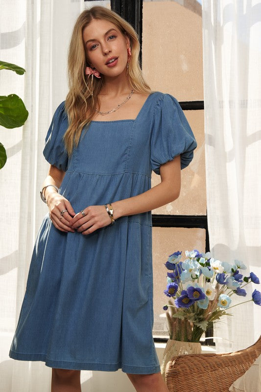 ADORA Square Neck Puff Sleeve Denim Dress-TOPS / DRESSES-[Adult]-[Female]-2022 Online Blue Zone Planet