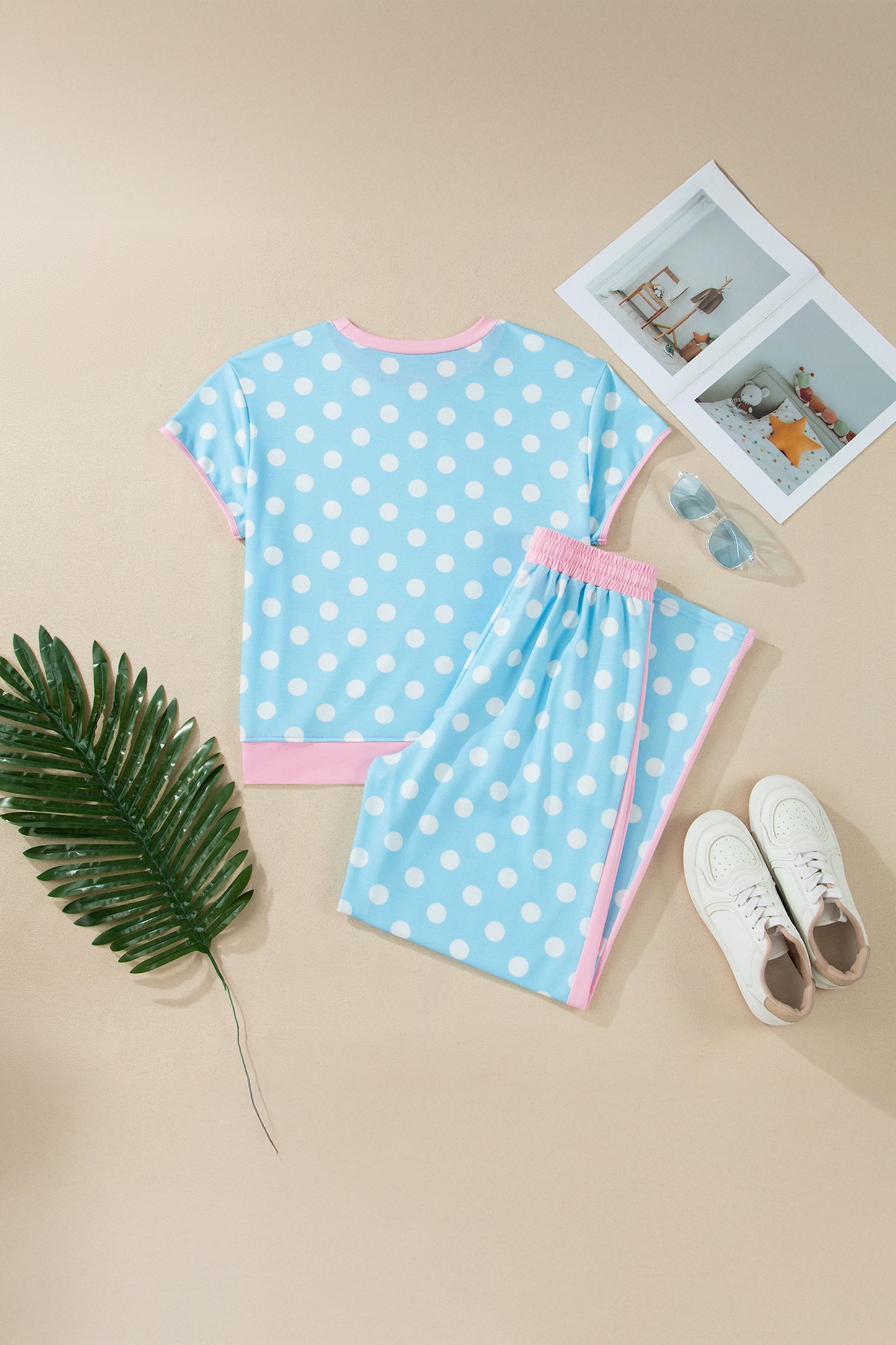 Sky Blue Polka Dot Short Sleeve Top and Pants Set-Two Piece Sets/Pant Sets-[Adult]-[Female]-2022 Online Blue Zone Planet