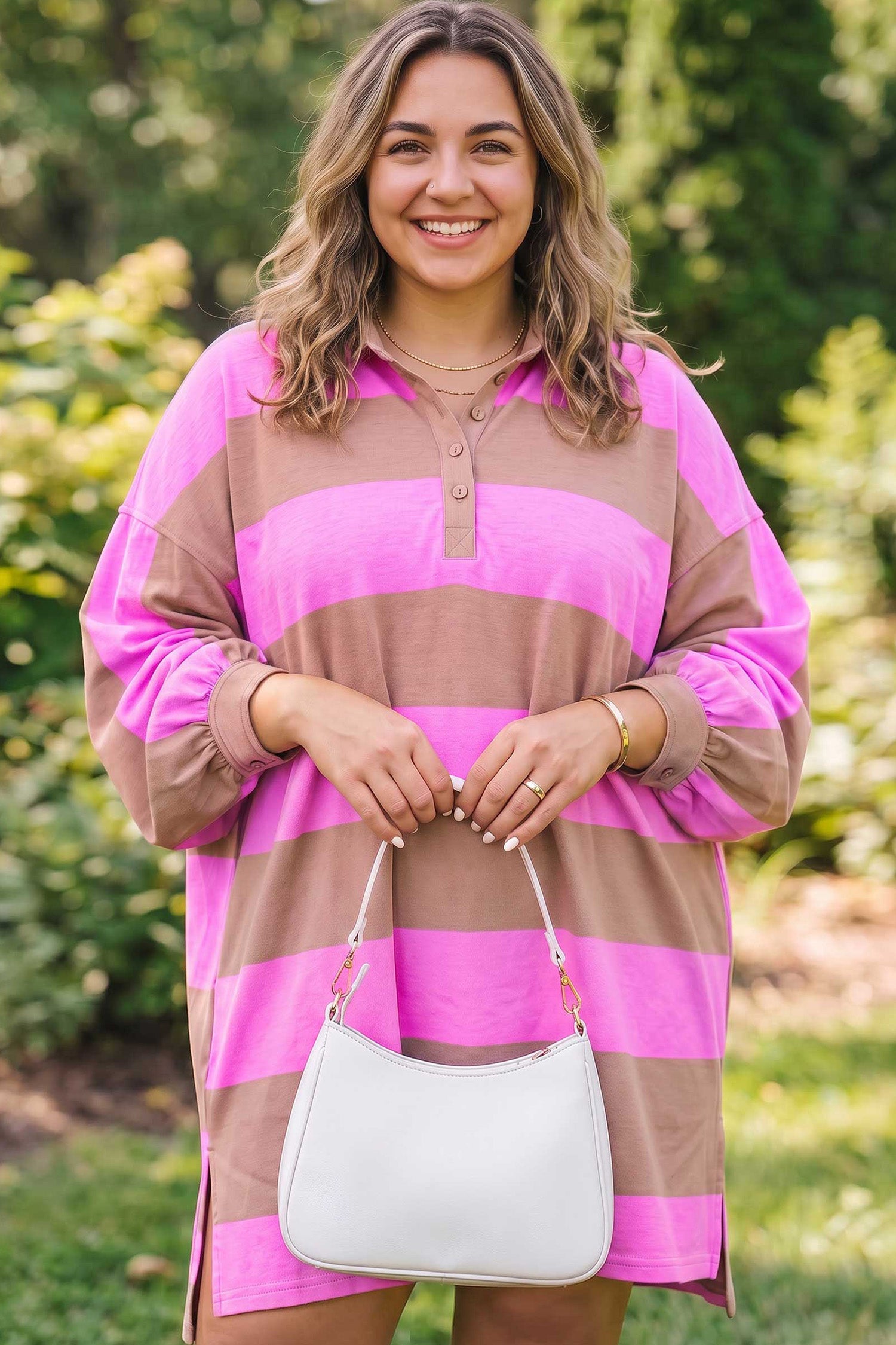 Rose Stripe Striped Colorblock Long Sleeve V Neck Shift Plus Size Dress-TOPS / DRESSES-[Adult]-[Female]-2022 Online Blue Zone Planet