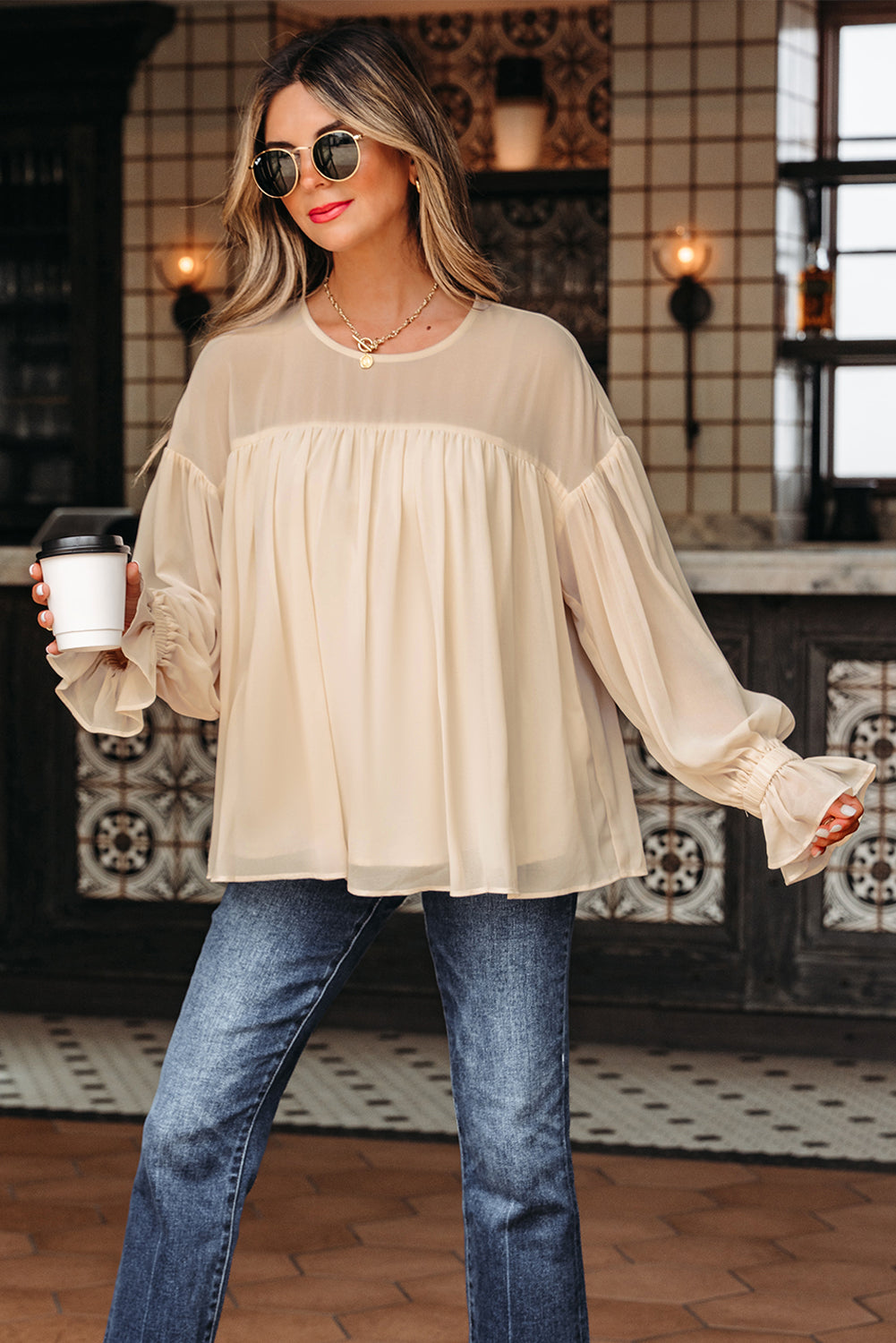 Parchment Pleated Ruffle Long Sleeve Chiffon Blouse-Tops/Blouses & Shirts-[Adult]-[Female]-2022 Online Blue Zone Planet