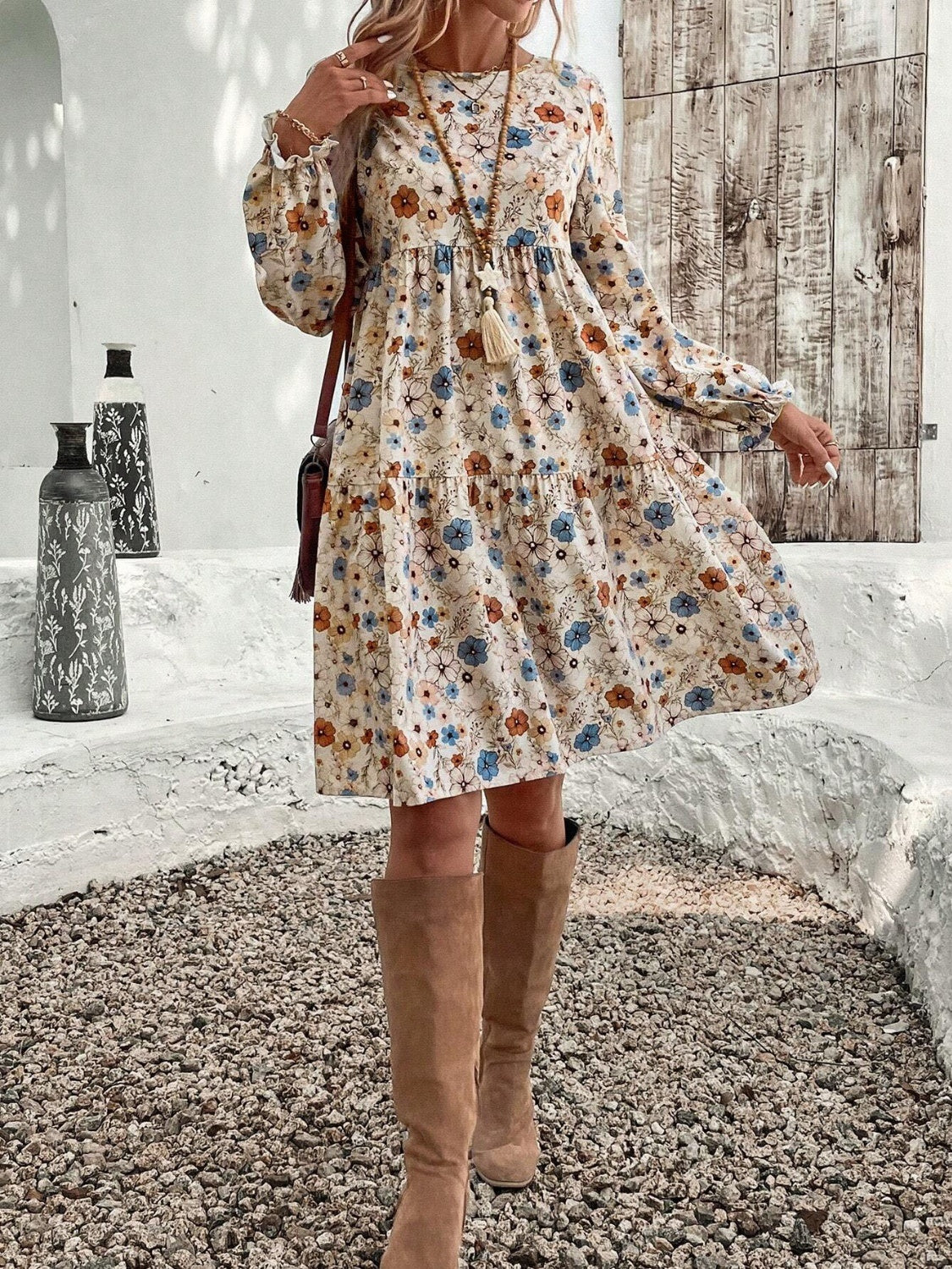 Tiered Floral Round Neck Long Sleeve Dress-TOPS / DRESSES-[Adult]-[Female]-2022 Online Blue Zone Planet