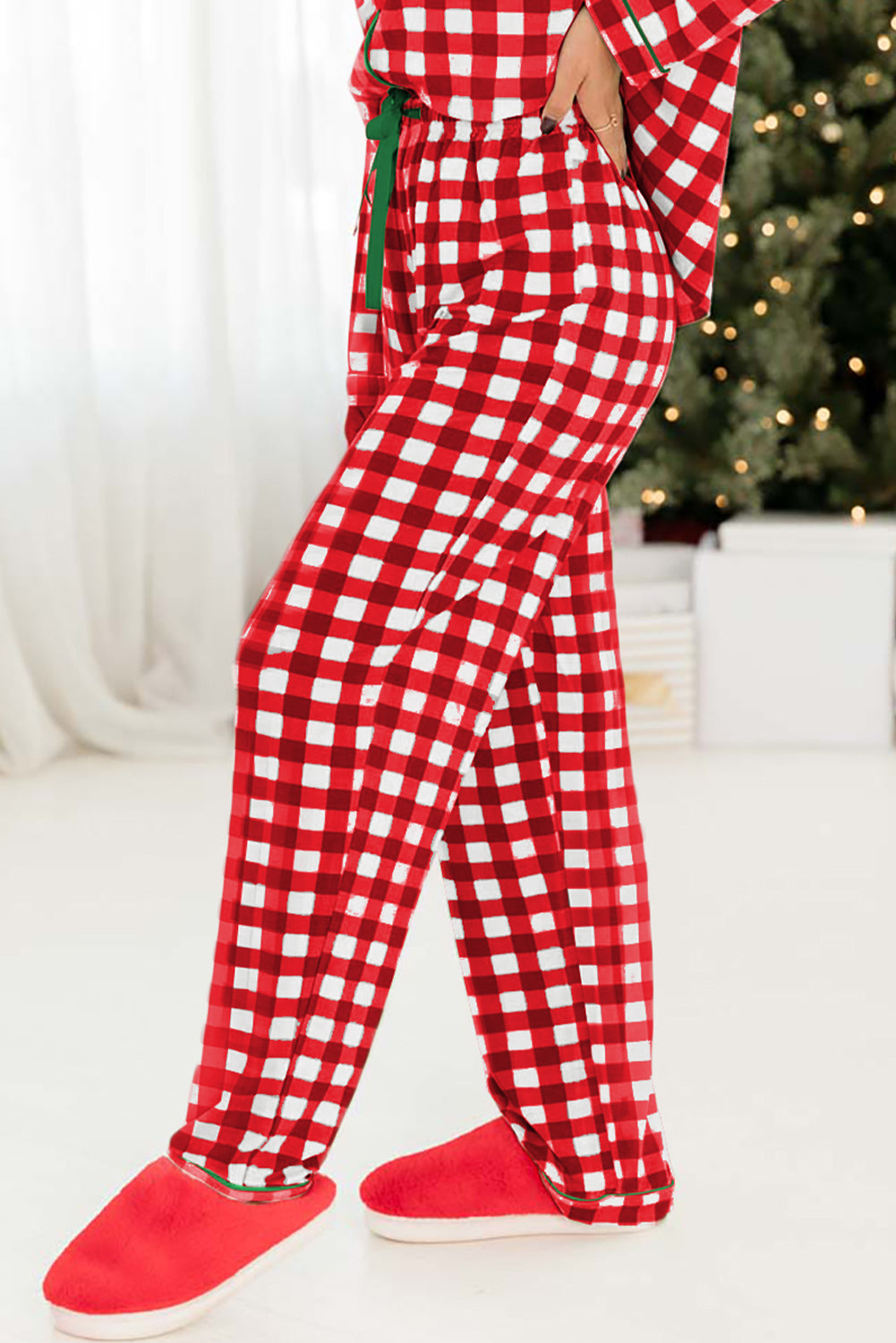 Fiery Red Christmas Plaid Print Shirt and Pants Pajama Set-Loungewear & Sleepwear/Sleepwear-[Adult]-[Female]-2022 Online Blue Zone Planet