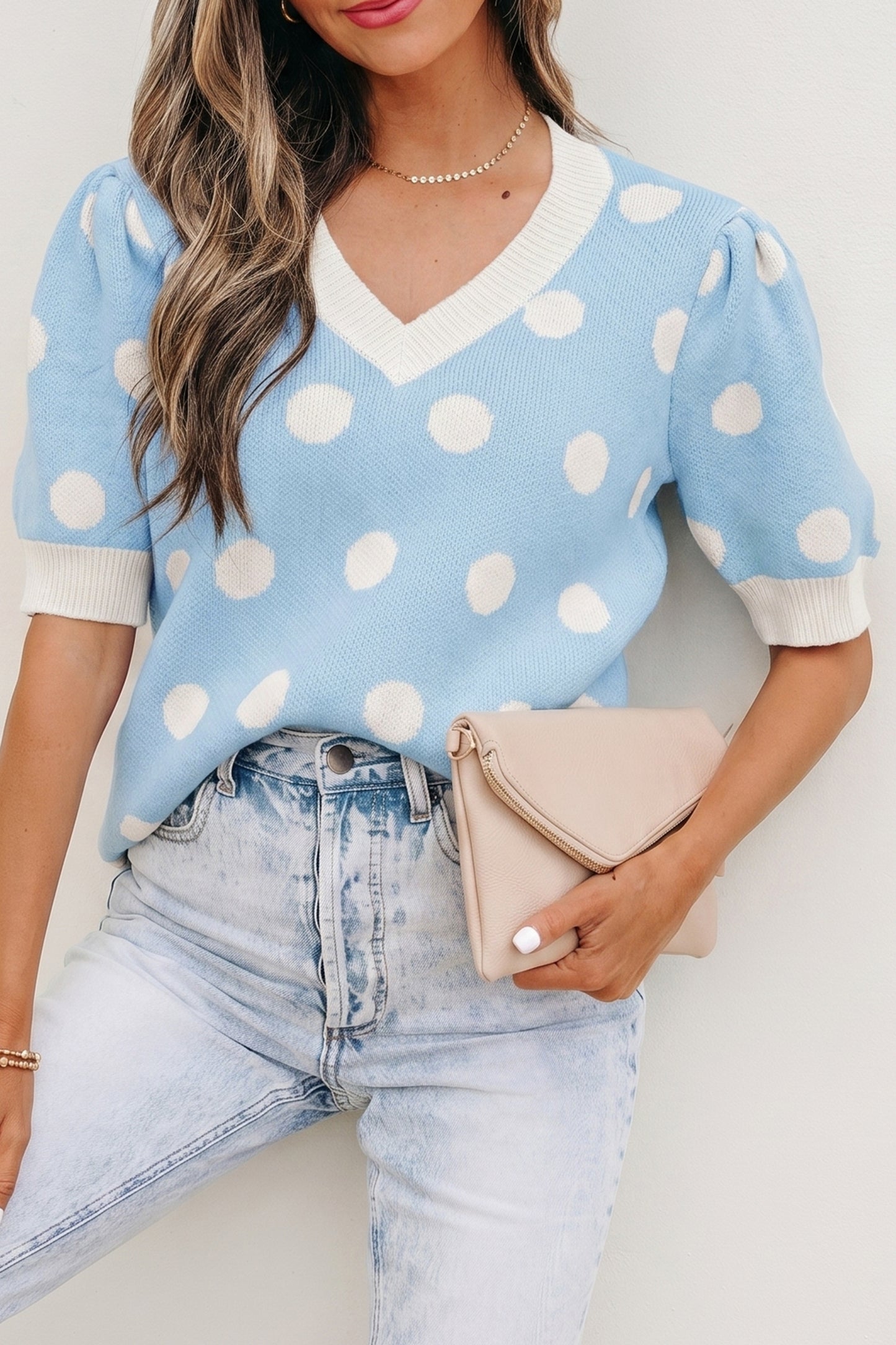 Rose Red Polka Dot Puff Short Sleeve Sweater Top-Sweaters & Cardigans/Short Sleeve Sweaters-[Adult]-[Female]-2022 Online Blue Zone Planet