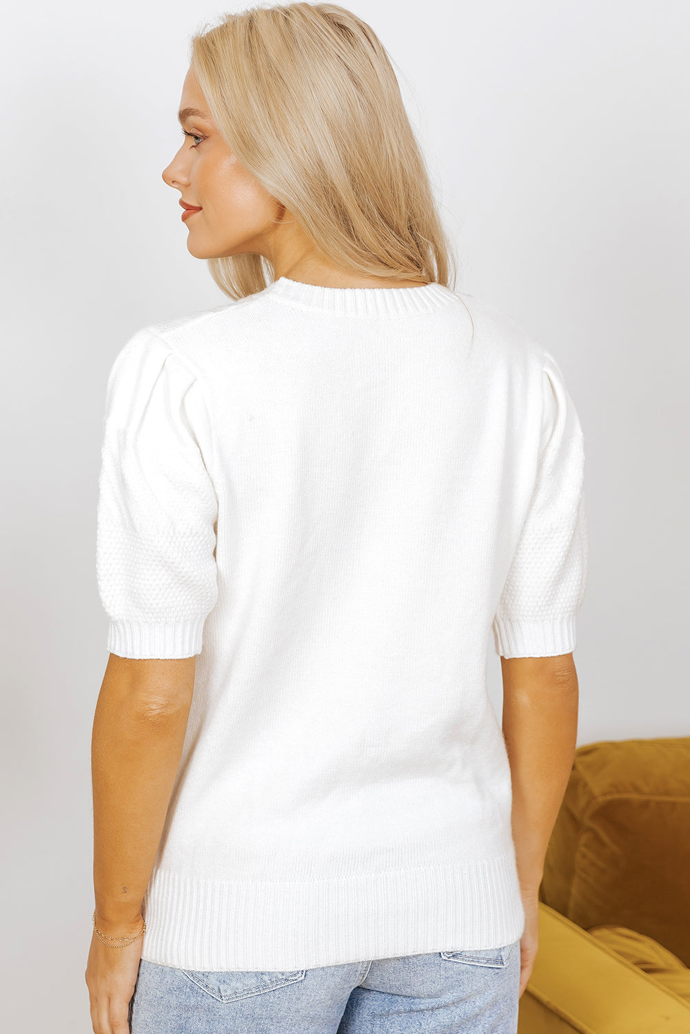 Blue Zone Planet | White Multicolor Stitch Detail Cable Knit Short Sleeve Sweater-Sweaters & Cardigans/Short Sleeve Sweaters-[Adult]-[Female]-2022 Online Blue Zone Planet