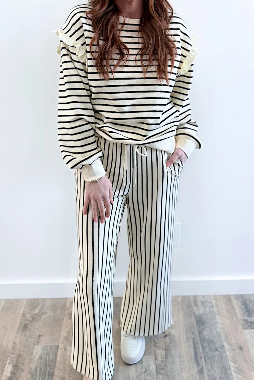 White Stripe Ruffle Trim Drop Shoulder Top Drawstring Loose Pant Set-Two Piece Sets/Pant Sets-[Adult]-[Female]-White Stripe-S-2022 Online Blue Zone Planet